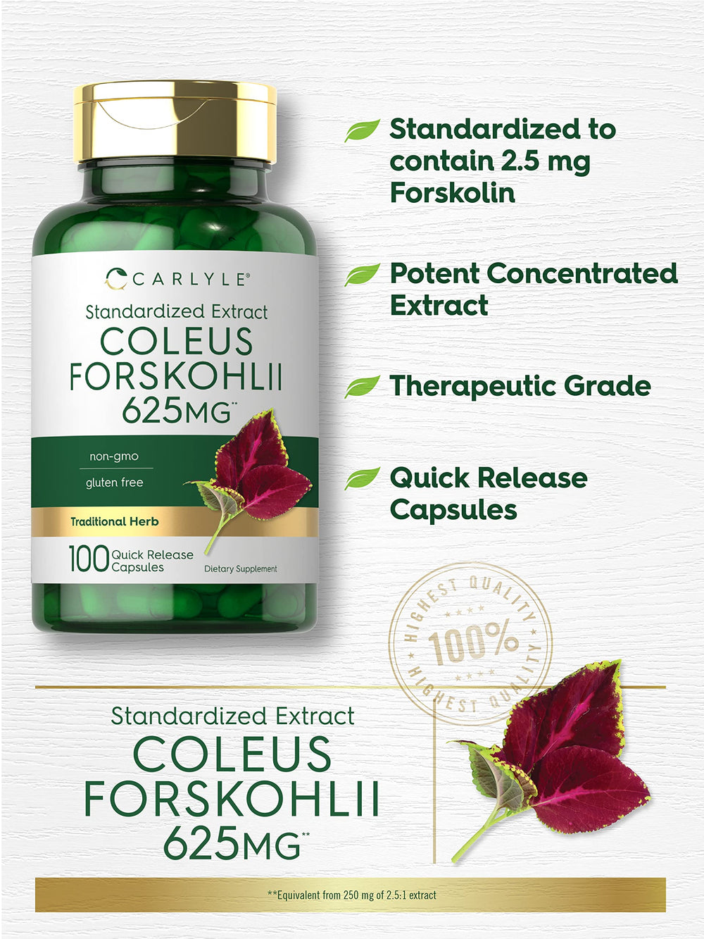 Close-up of Carlyle label on Coleus Forskohlii capsules highlighting quality