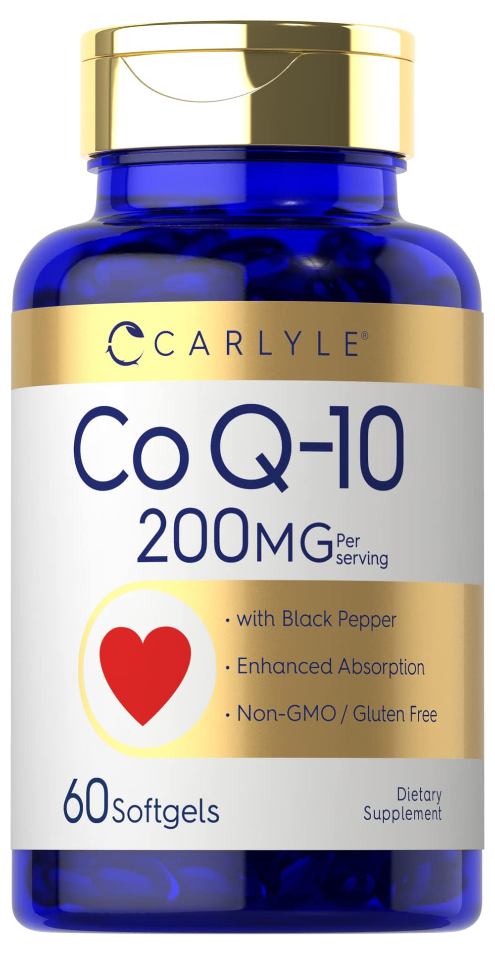 Carlyle CoQ10 200mg softgels bottle highlights enhanced absorption with black pepper