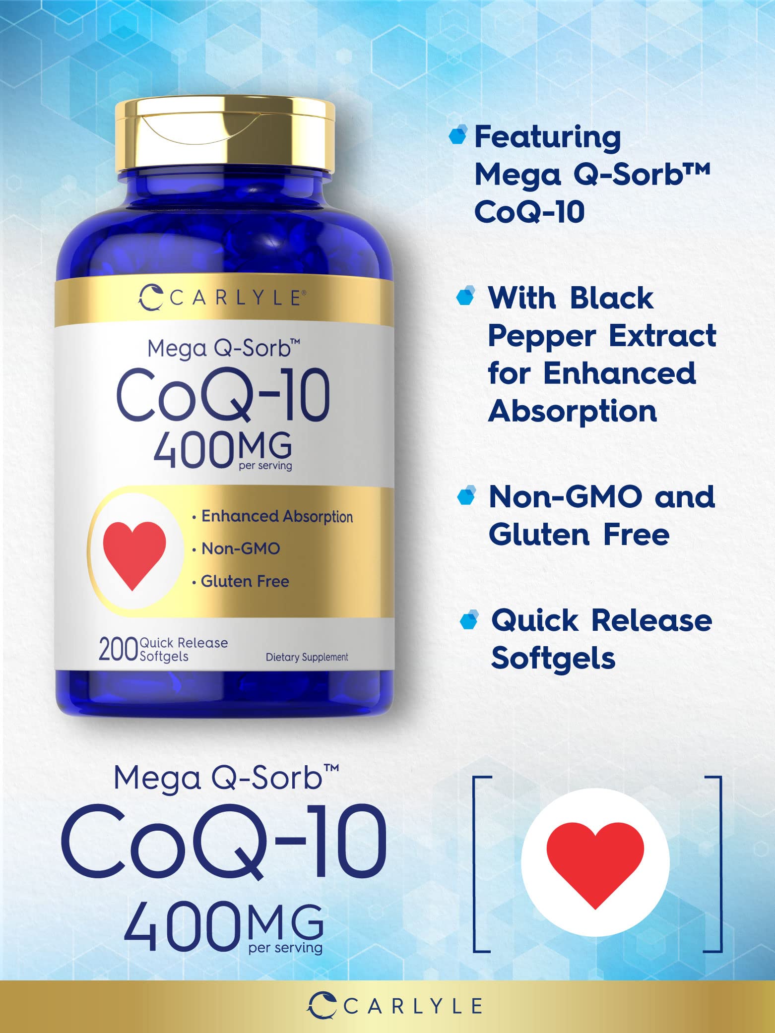 Carlyle CoQ10 400mg label highlights non-GMO and gluten-free formulation.
