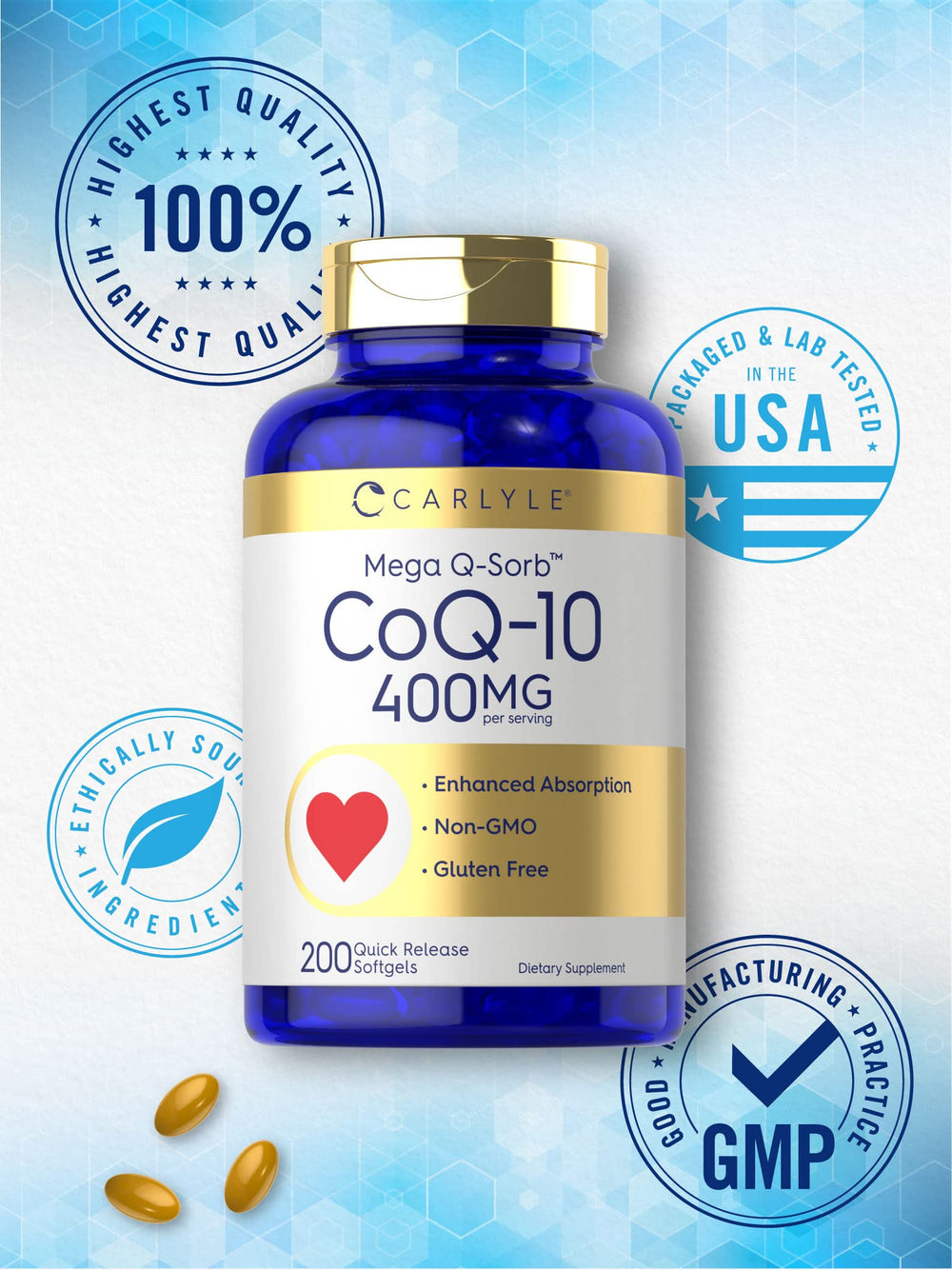 Carlyle CoQ10 packaging on a shelf highlights premium wellness packaging.