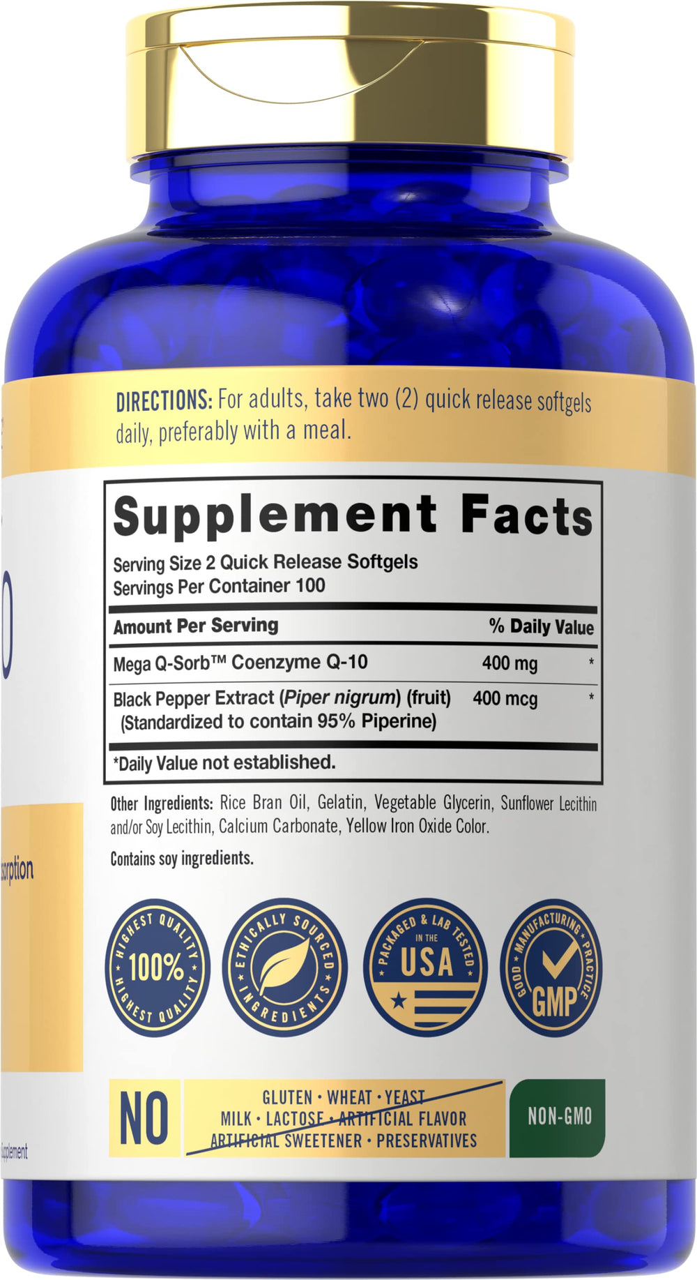 Carlyle CoQ10 400mg pills closeup shows quick-release softgels for easy swallowing.