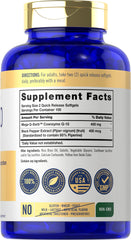Carlyle CoQ10 400mg pills closeup shows quick-release softgels for easy swallowing.