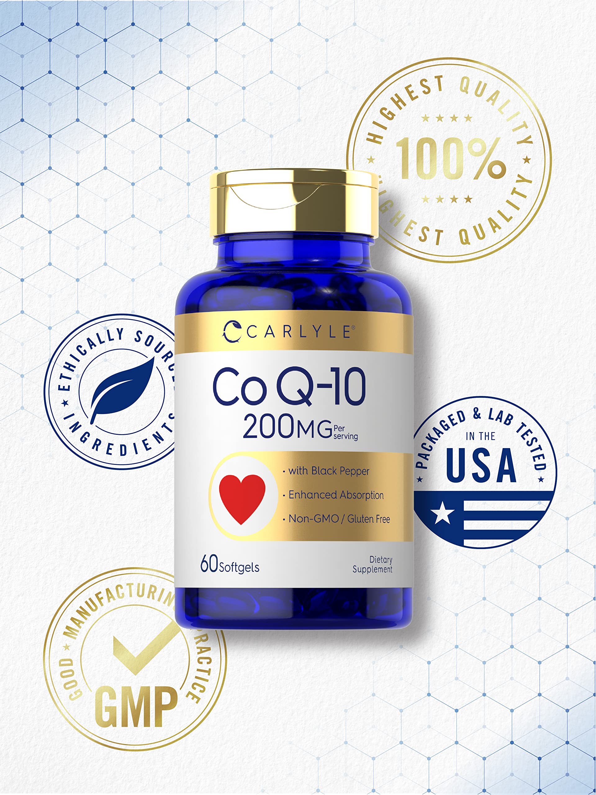 Carlyle CoQ10 gluten-free badge confirms clean ingredient choices