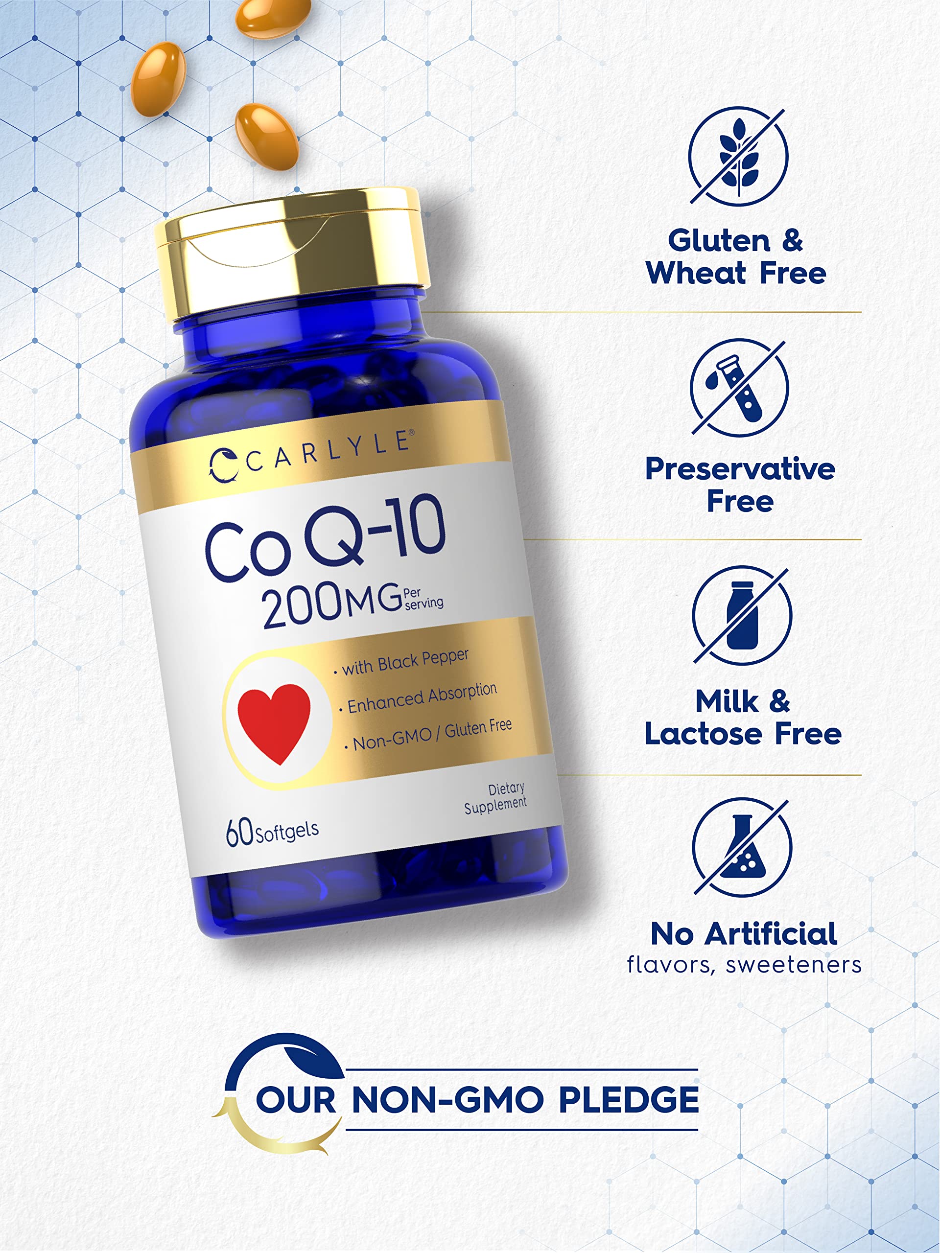 Carlyle CoQ10 label closeup highlights gluten-free and non-GMO formulation