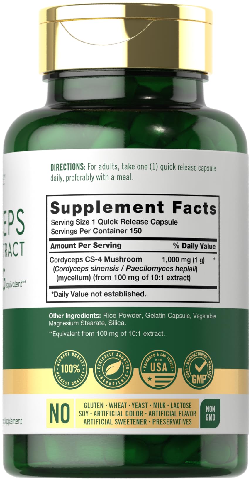 Carlyle Cordyceps bottle back label with CS-4 extract details for wellness support
