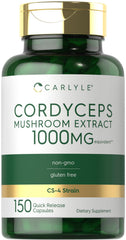 Carlyle Cordyceps bottle front shows 150-count capsules for daily wellness
