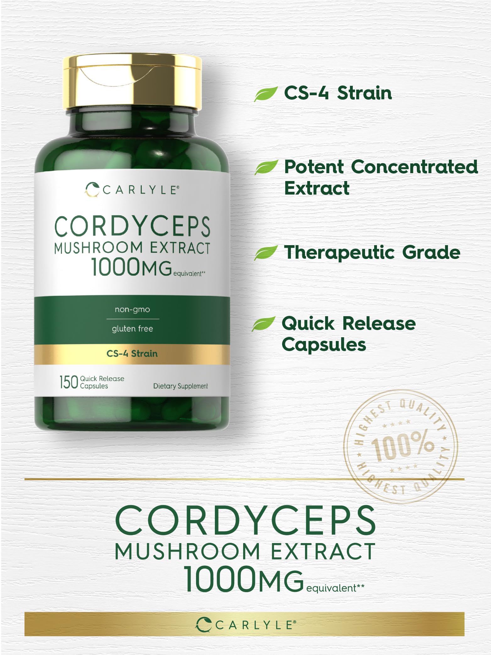 Carlyle Cordyceps box packaging highlights gluten-free and non-GMO features