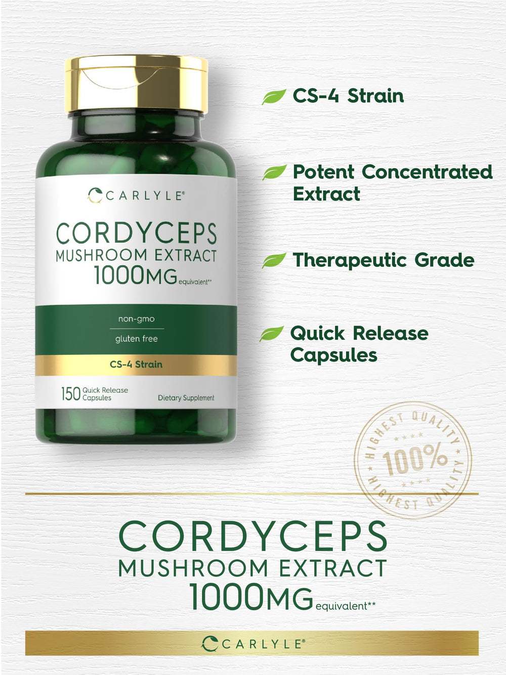 Carlyle Cordyceps box packaging highlights gluten-free and non-GMO features