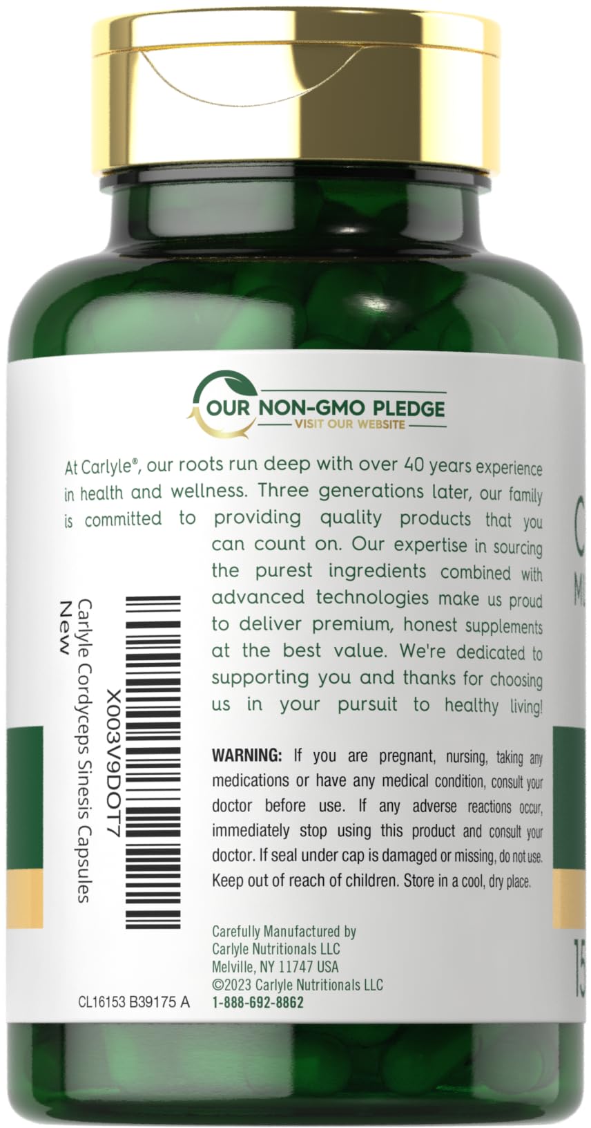 Carlyle Cordyceps capsules close-up highlighting quick-release capsules for easier dosing