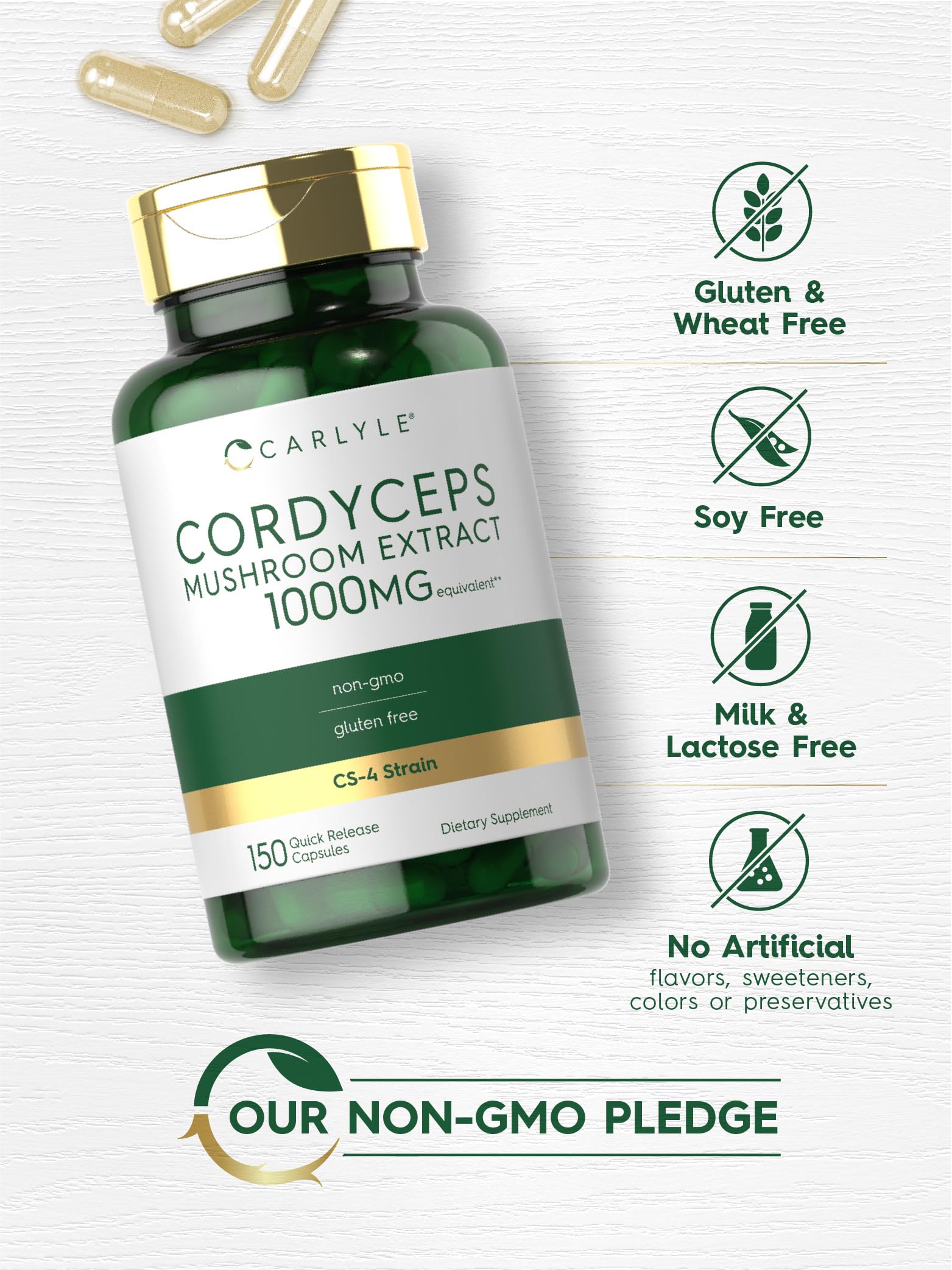 Carlyle Cordyceps ingredients panel confirms gluten-free and non-GMO formula