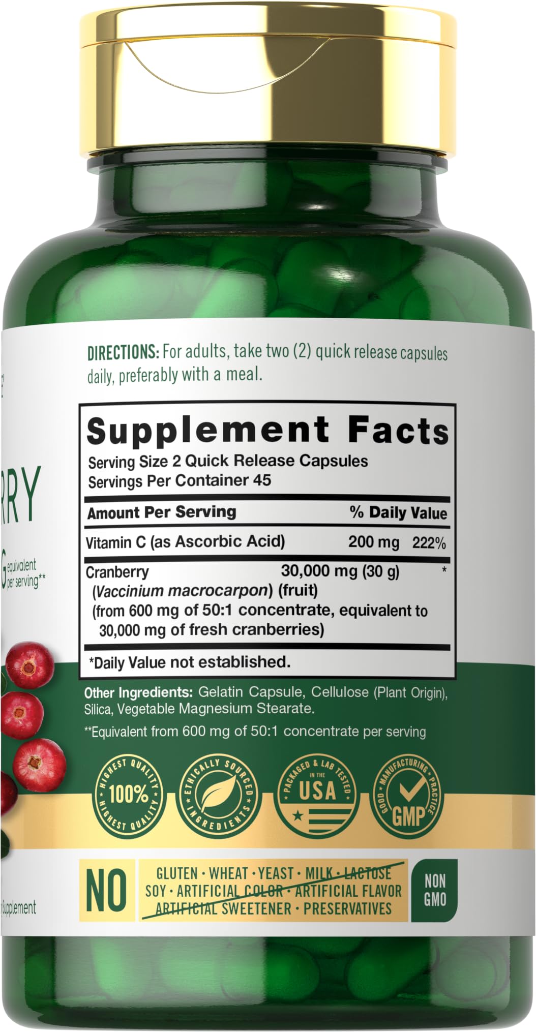 Close-up of Carlyle Cranberry label highlighting non-GMO and gluten-free formula.
