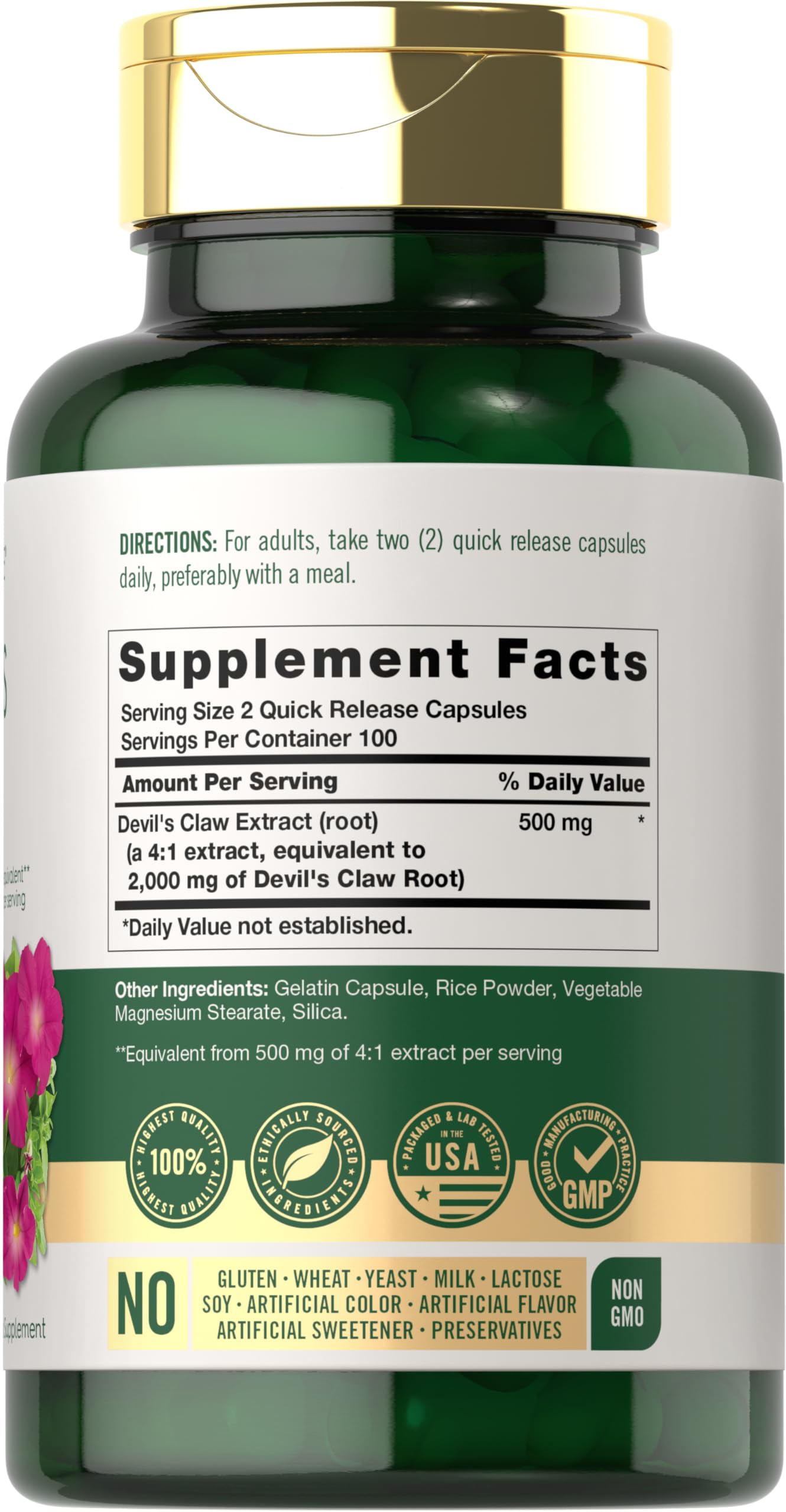 Carlyle Devils Claw 2000mg capsules close-up, convenient quick-release capsules.