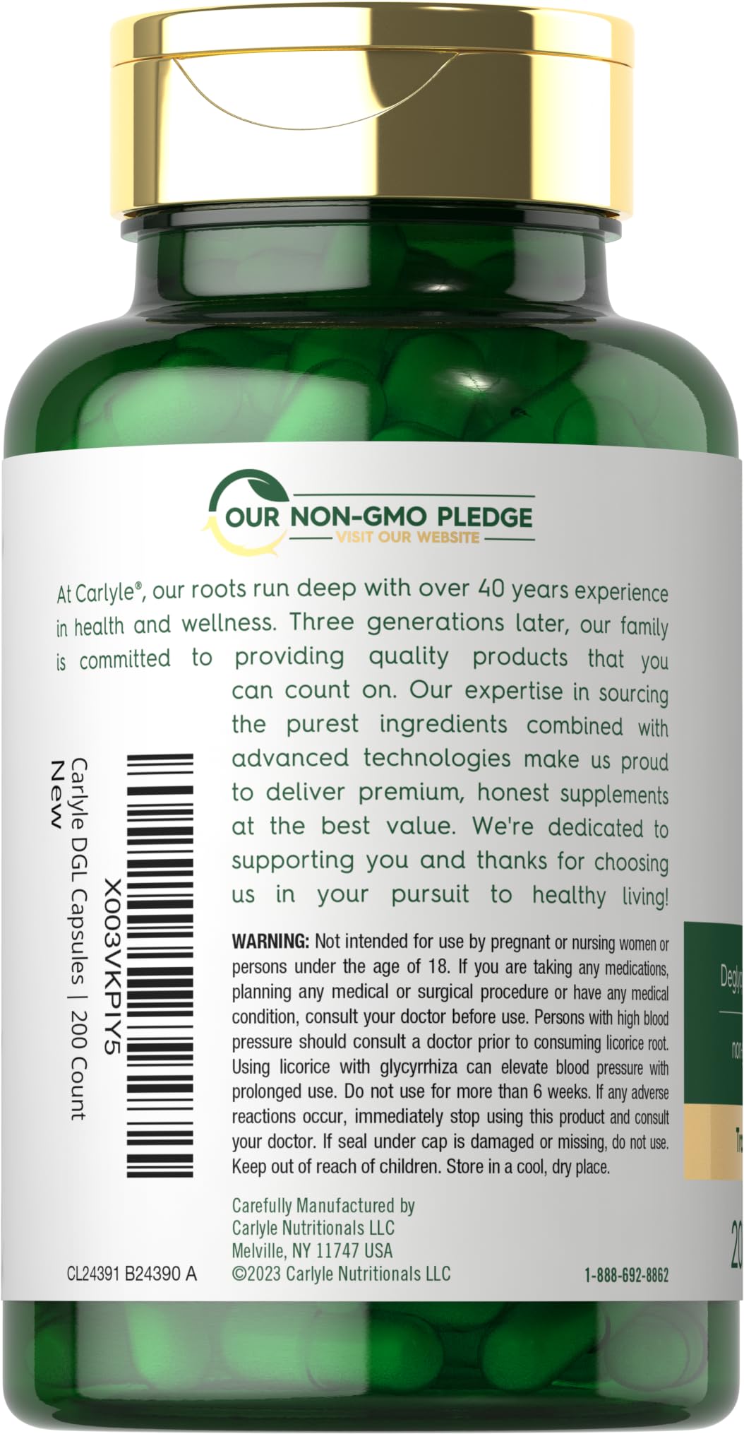 Close-up of Carlyle DGL capsules emphasizes vegetarian capsule form