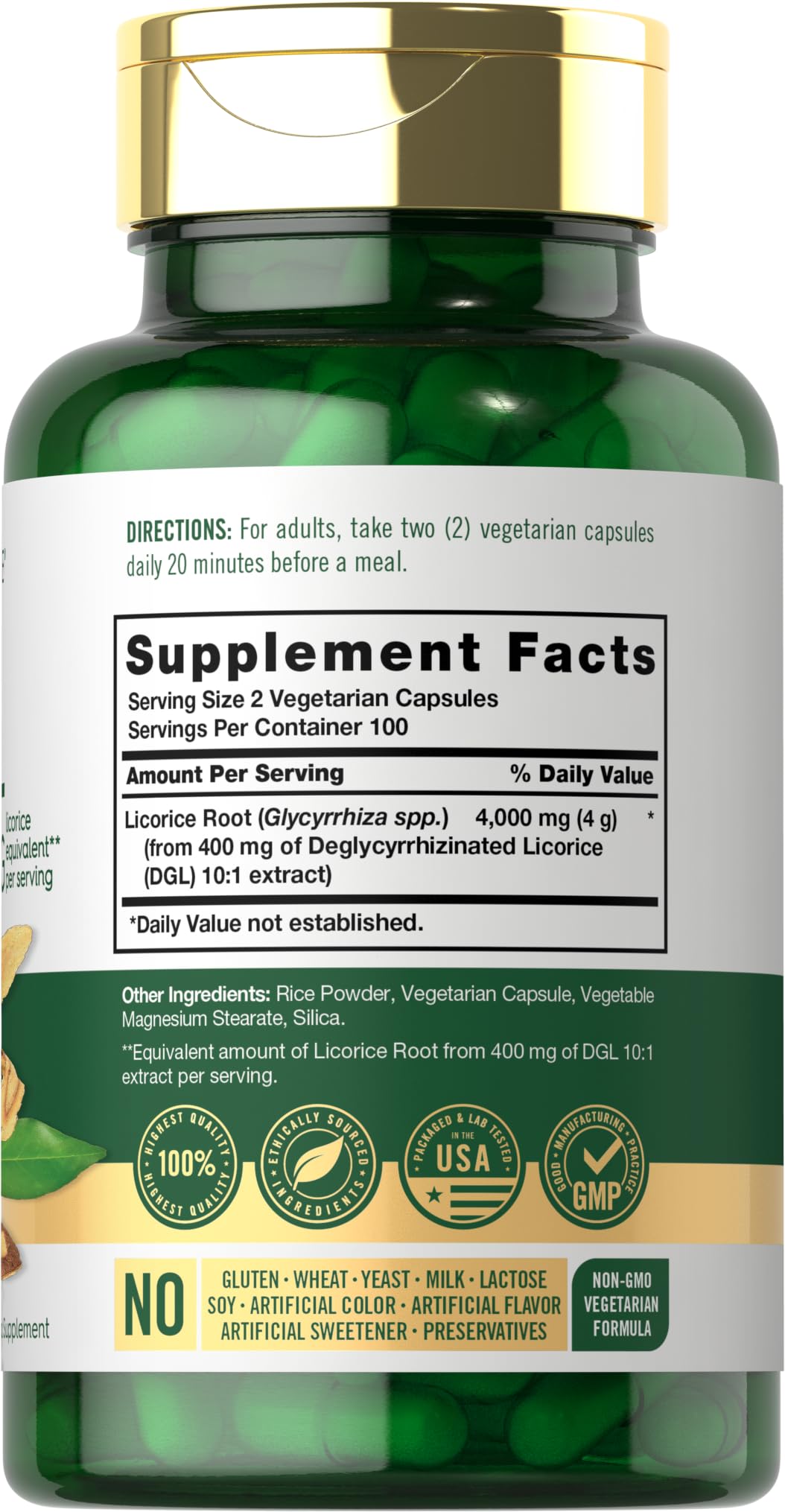 Carlyle DGL label shows ingredients panel and non-GMO, gluten-free quality