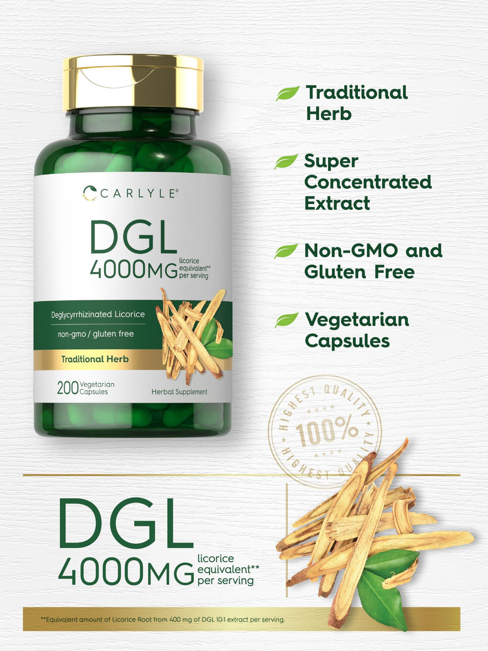 Carlyle DGL vegetarian capsules bottle emphasizes plant-based supplement option