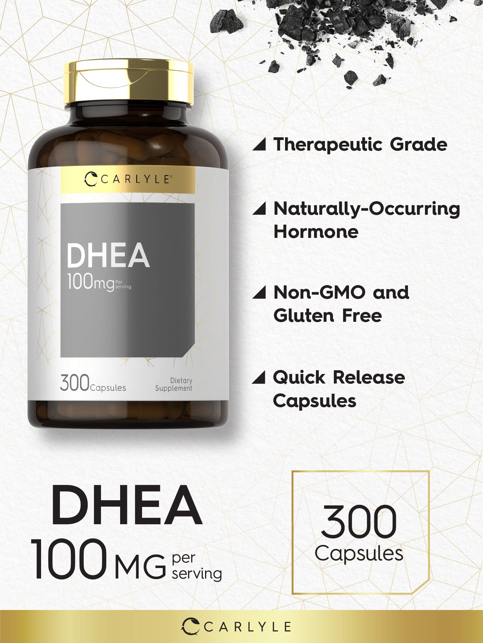 Carlyle DHEA 100mg bottle side view illustrating compact packaging.