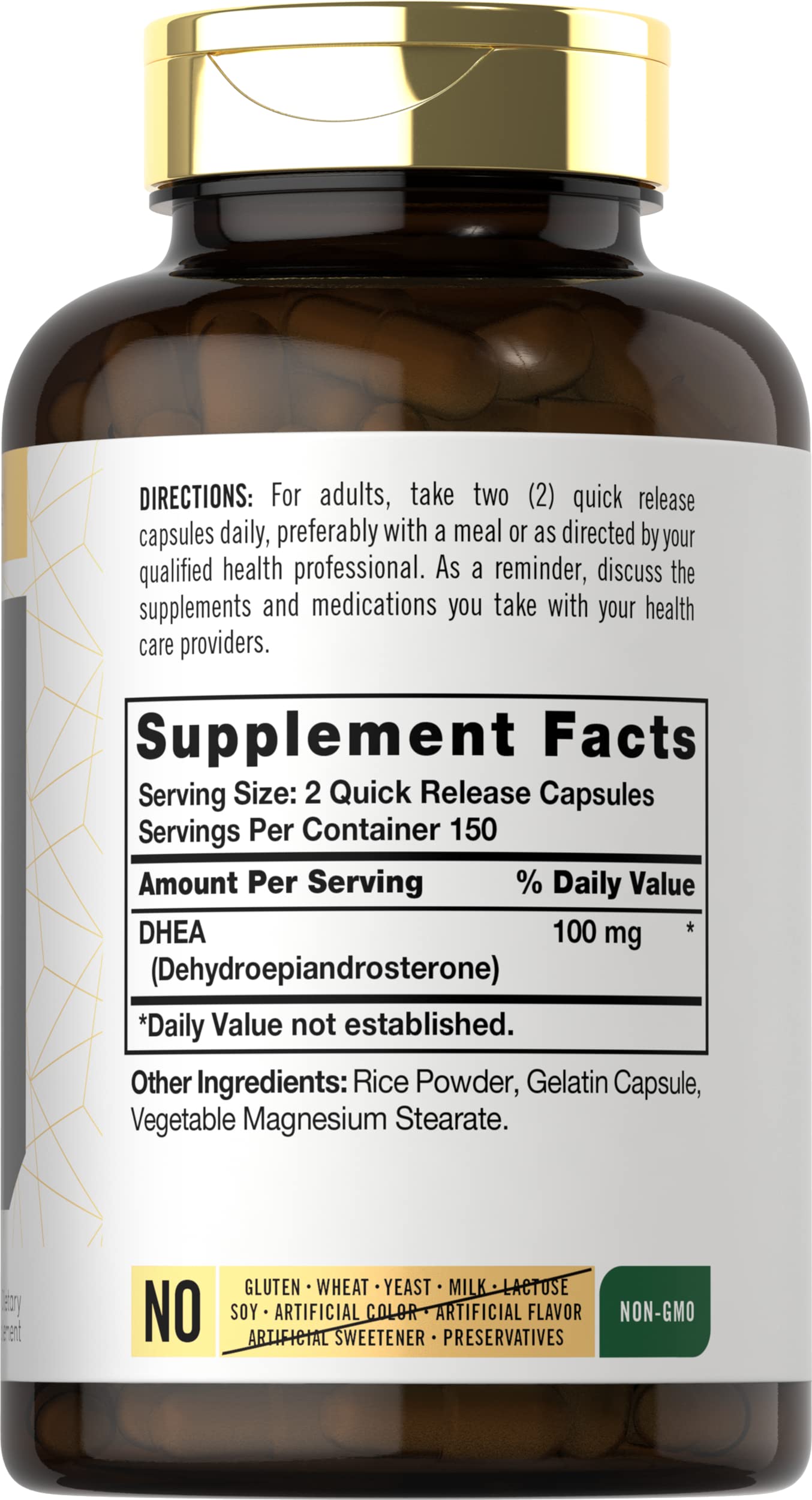 Carlyle DHEA 100mg capsules closeup highlighting quick-release form.
