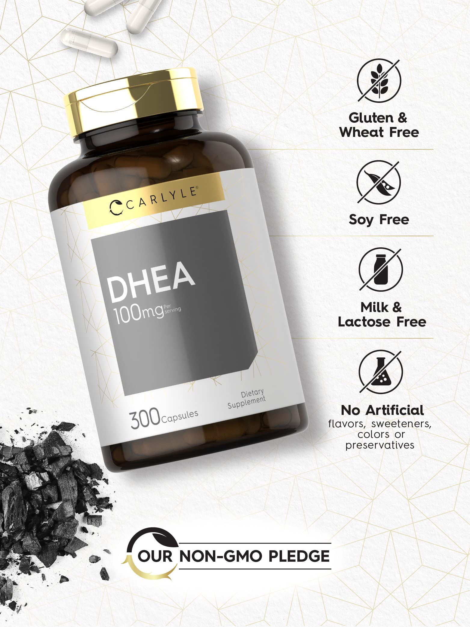 Carlyle DHEA 100mg label detail confirms non-GMO and gluten-free features.