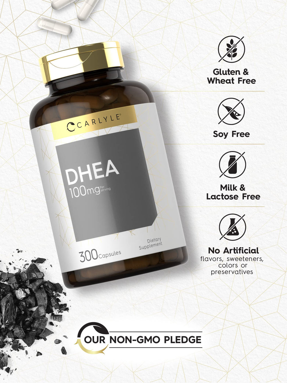 Carlyle DHEA 100mg label detail confirms non-GMO and gluten-free features.