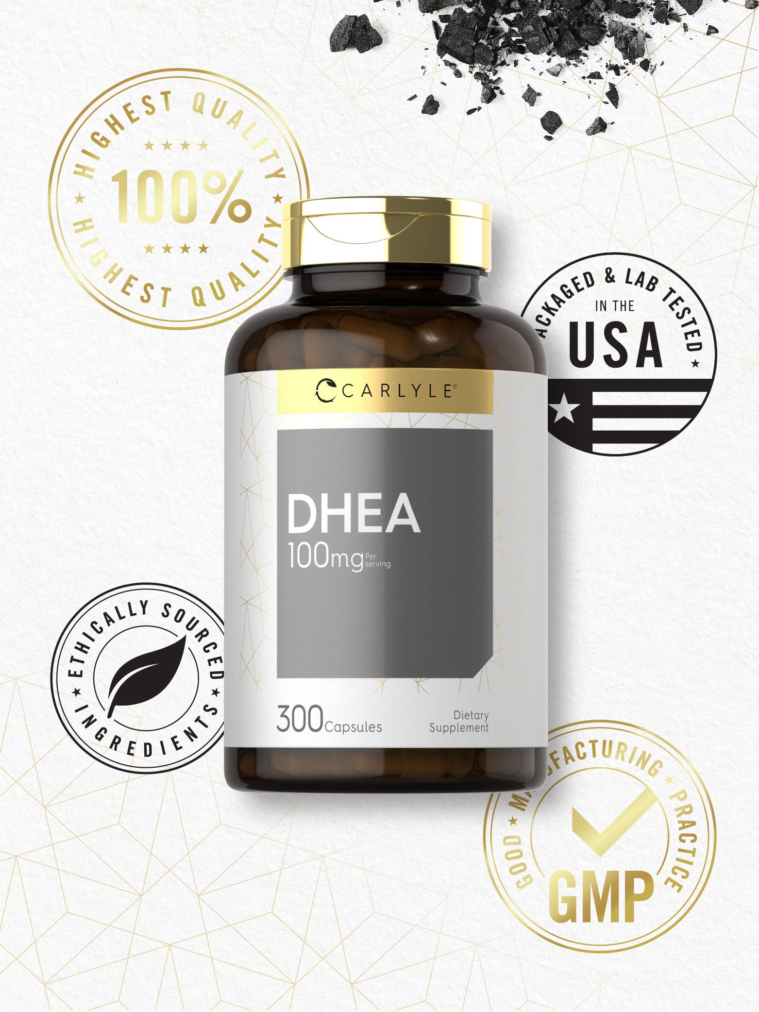 Carlyle DHEA 100mg packaging display with product information.