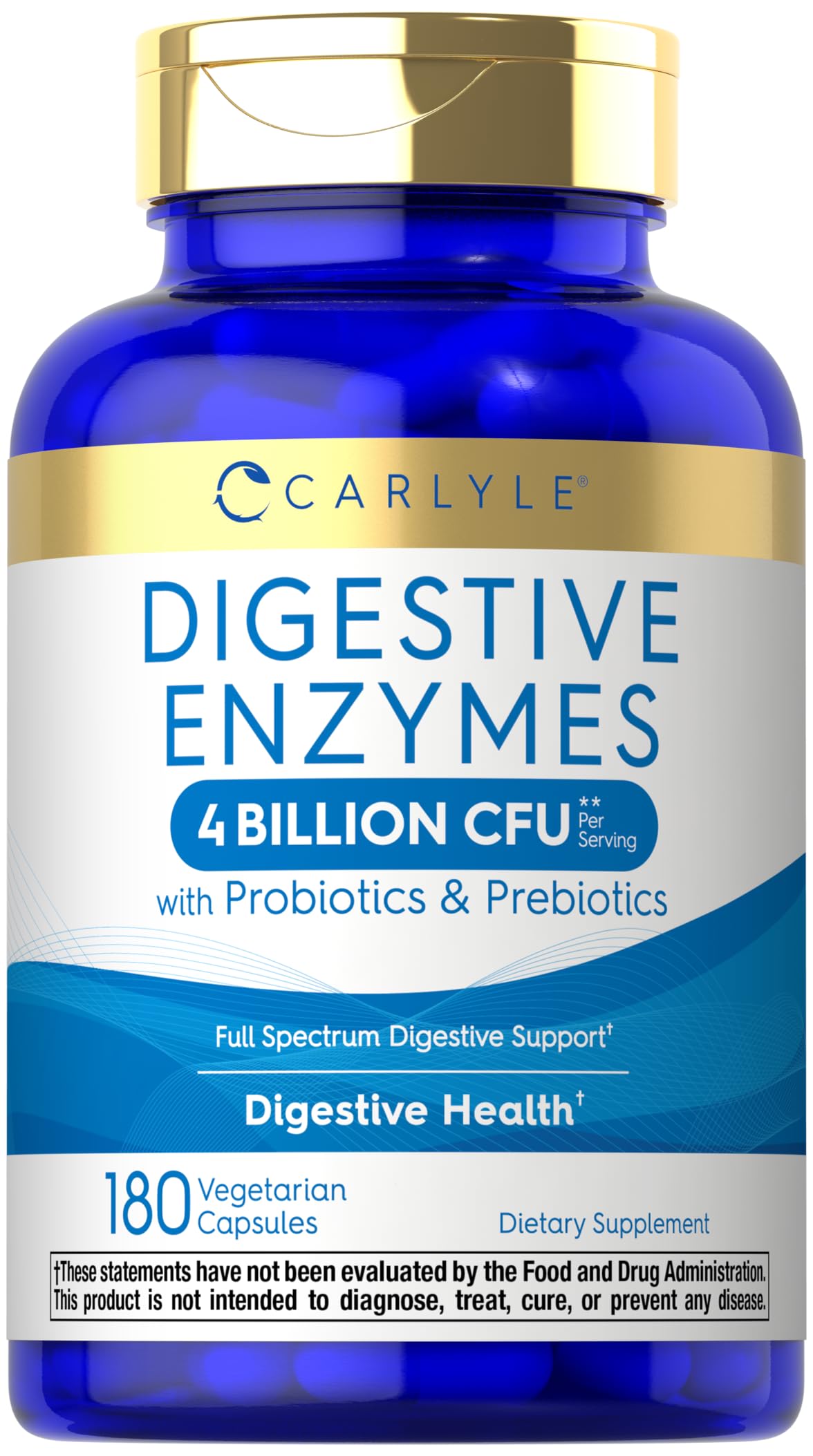 Carlyle Digestive Enzymes bottle shows a full-spectrum blend for digestive support