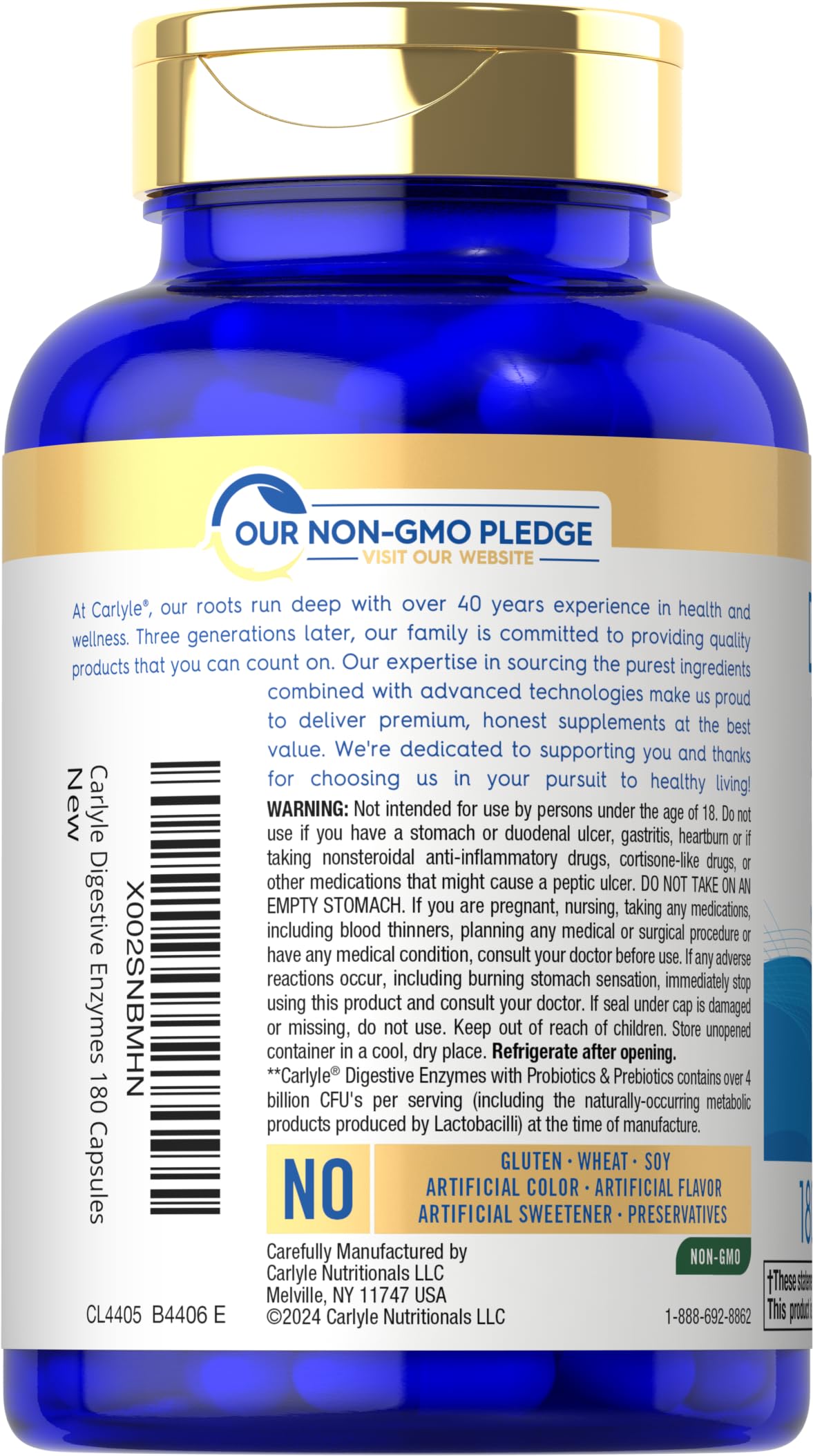 Carlyle Digestive Enzymes label detail emphasizes non-GMO and gluten-free formula