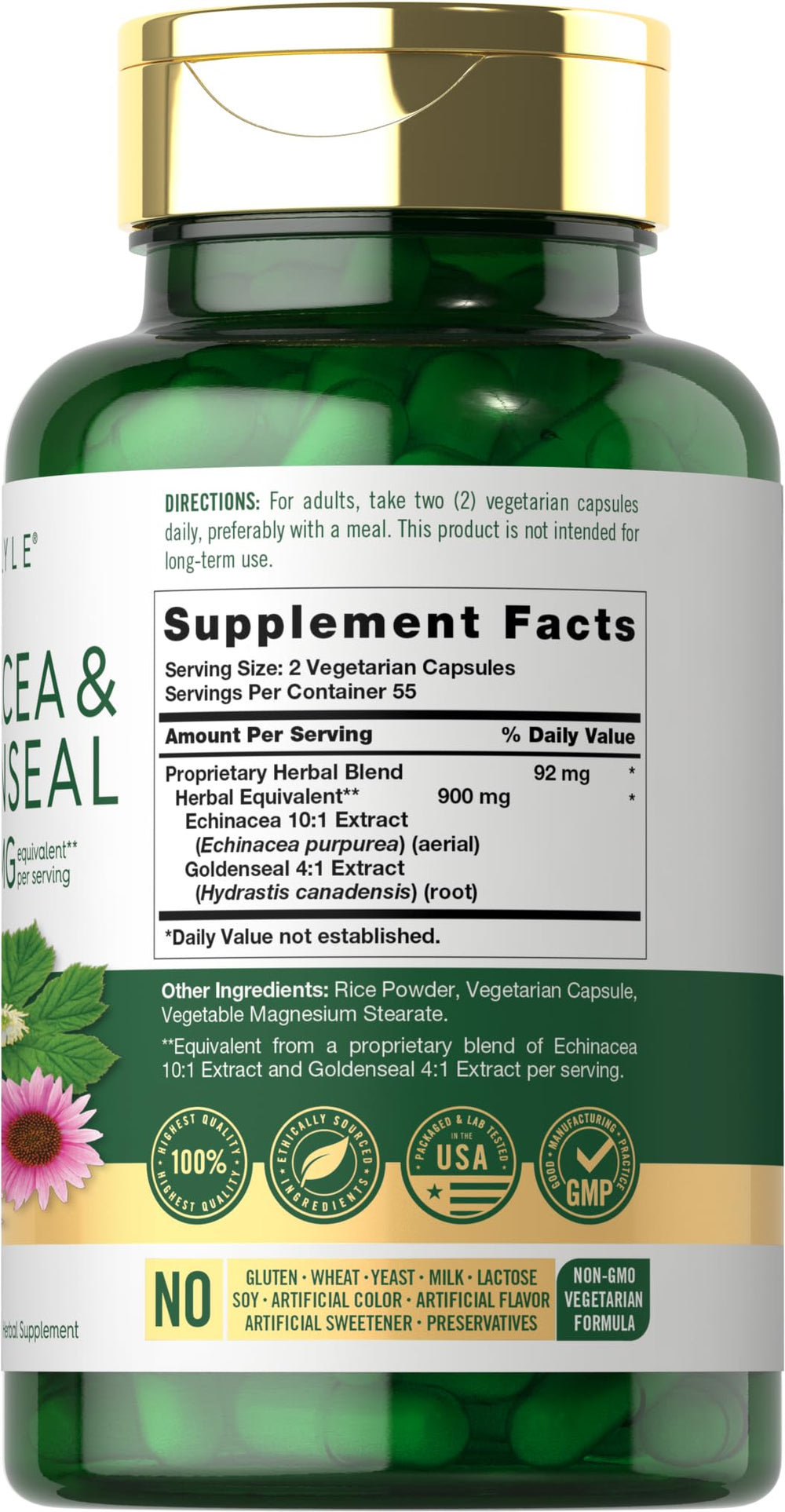 Carlyle Echinacea Goldenseal capsules close-up showing vegetarian capsules.