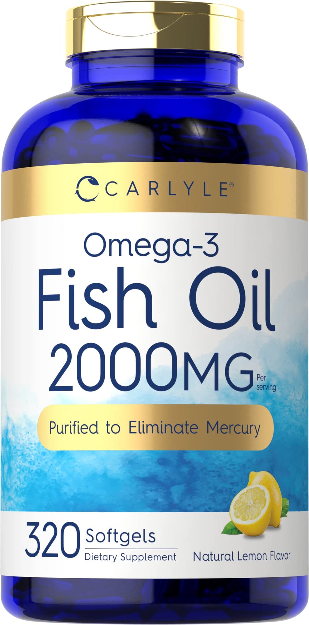 Carlyle Fish Oil bottle front view highlighting a high-potency omega-3 formula for daily use.