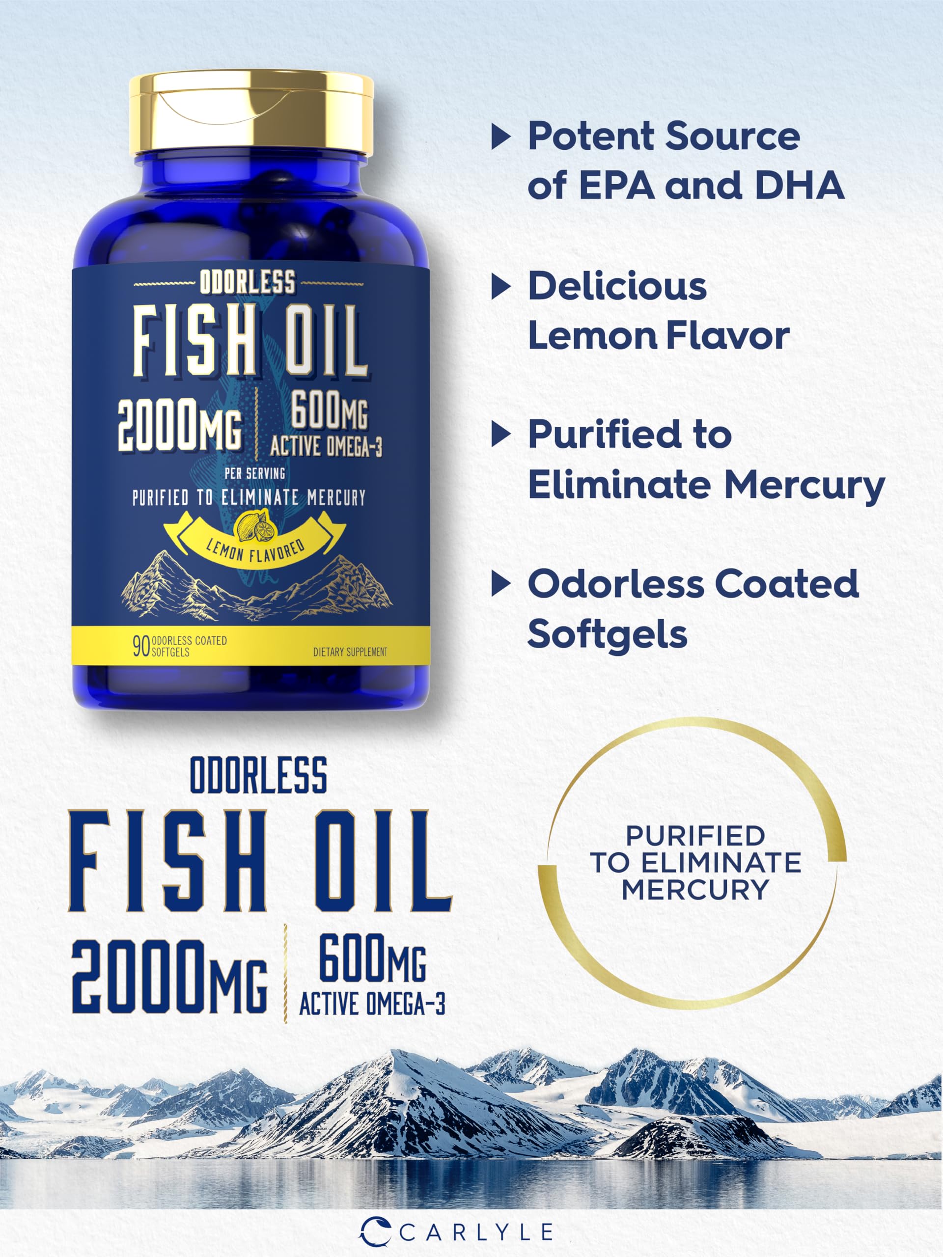 Carlyle Fish Oil label highlights 600 mg omega-3 per serving and EPA/DHA.