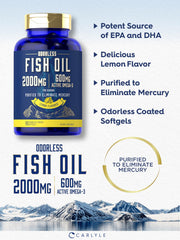Carlyle Fish Oil label highlights 600 mg omega-3 per serving and EPA/DHA.