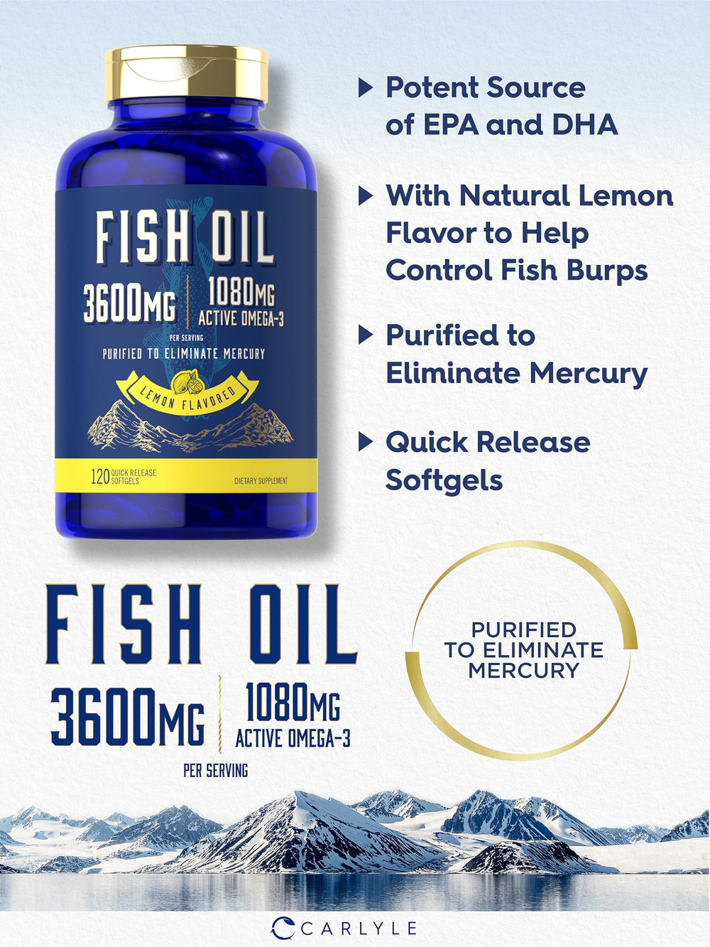 Carlyle purity seal on bottle signaling mercury-free purification.