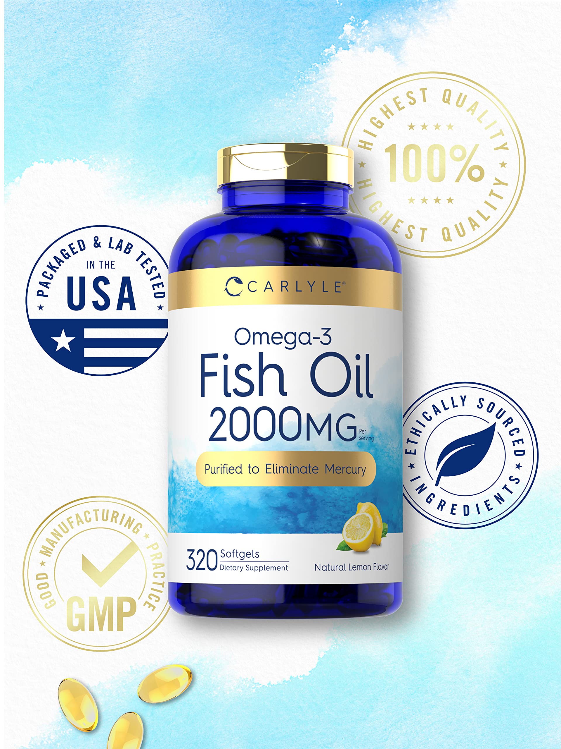 Carlyle Fish Oil softgels being poured from bottle suggesting convenient daily use.