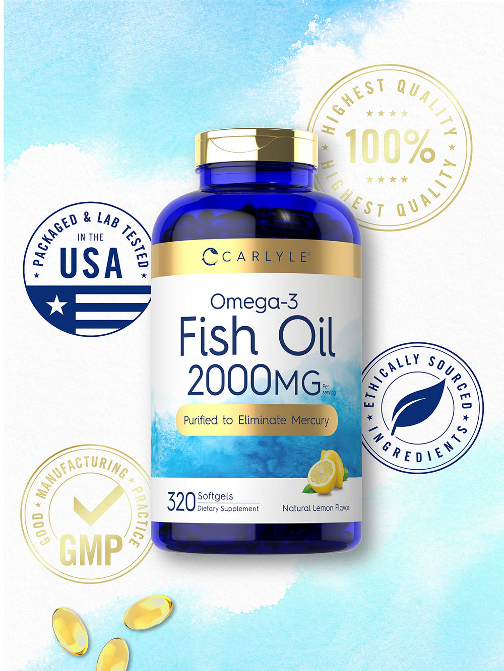 Carlyle Fish Oil softgels being poured from bottle suggesting convenient daily use.