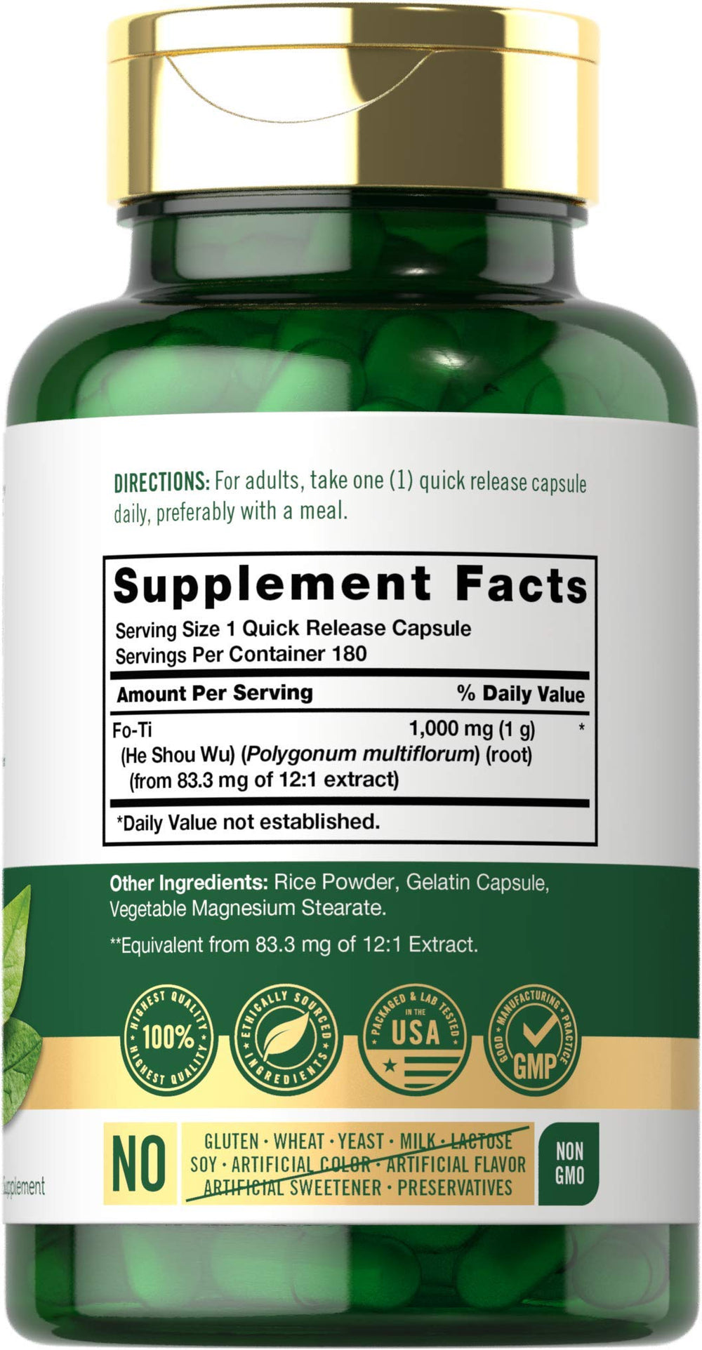 Closeup of Fo-Ti 1000mg capsules demonstrating quick-release design for easy daily use.