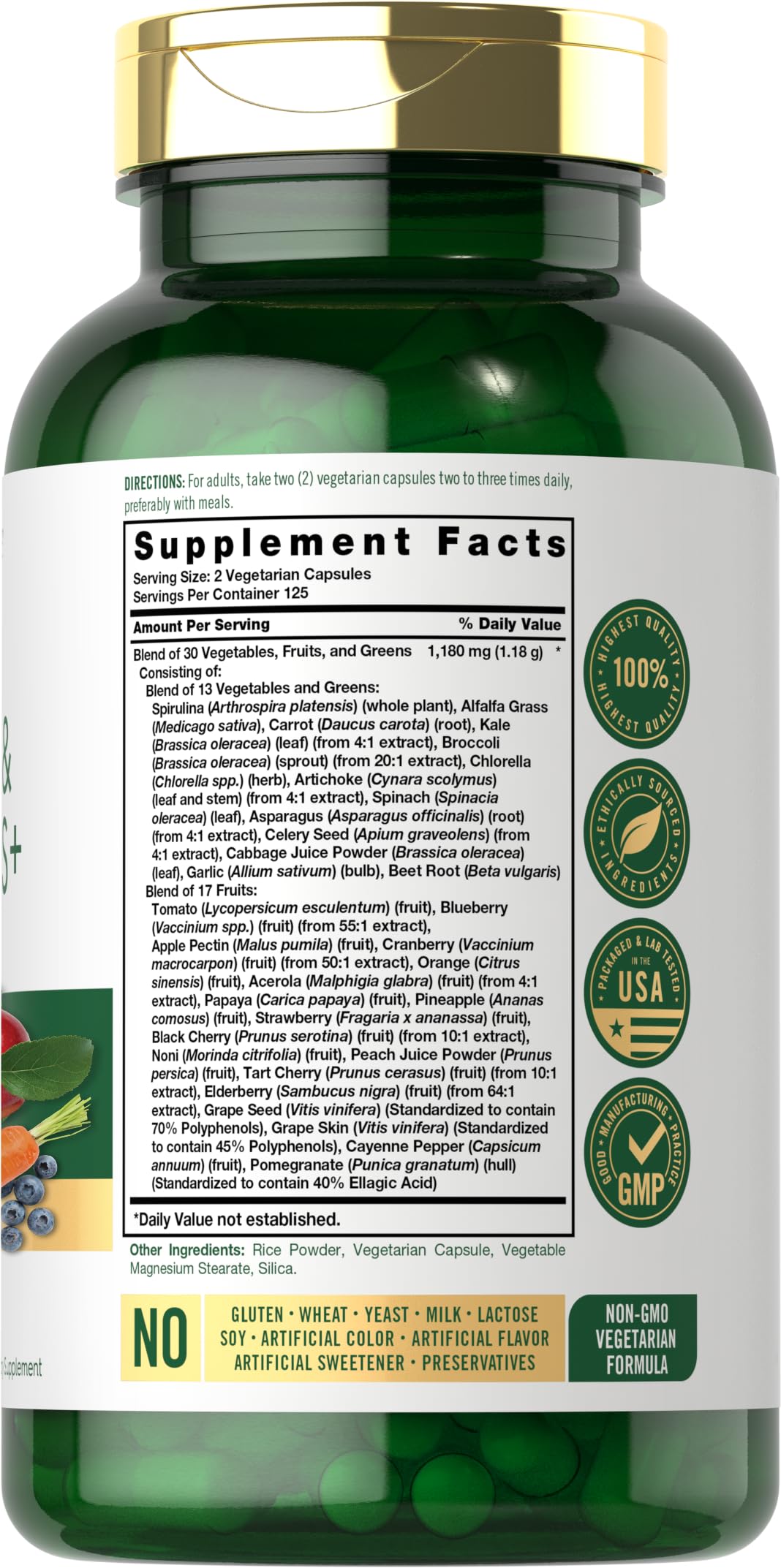 Carlyle Fruits and Veggies bottle back shows gluten-free and non-GMO assurances