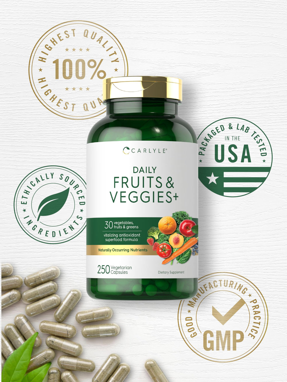 Carlyle Fruits and Veggies ingredients chart image shows plant-based blend