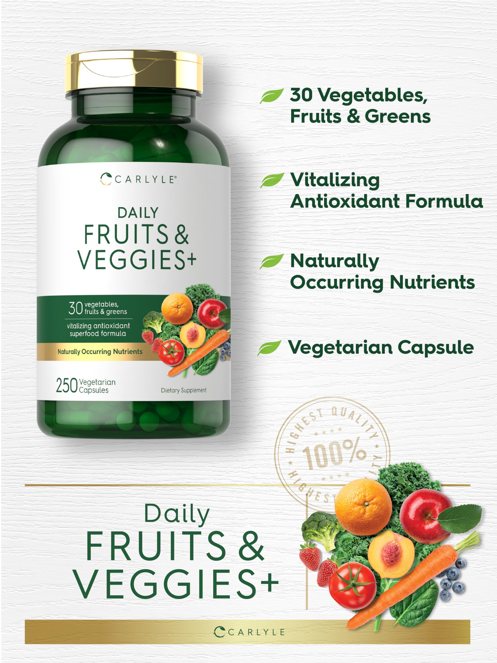 Carlyle Fruits and Veggies label detail highlights 30+ superfoods