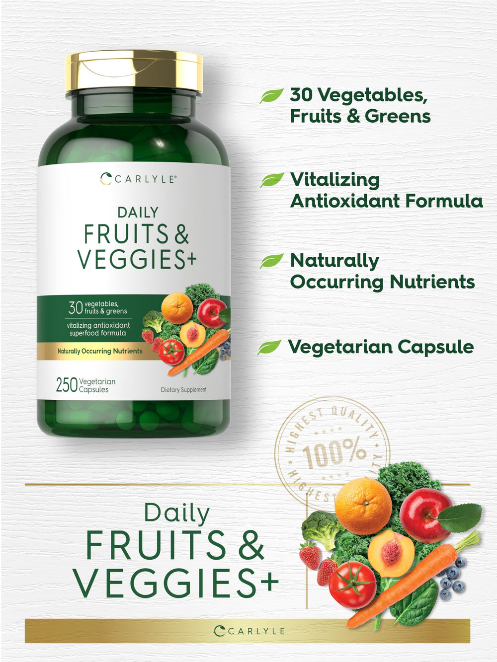 Carlyle Fruits and Veggies label detail highlights 30+ superfoods