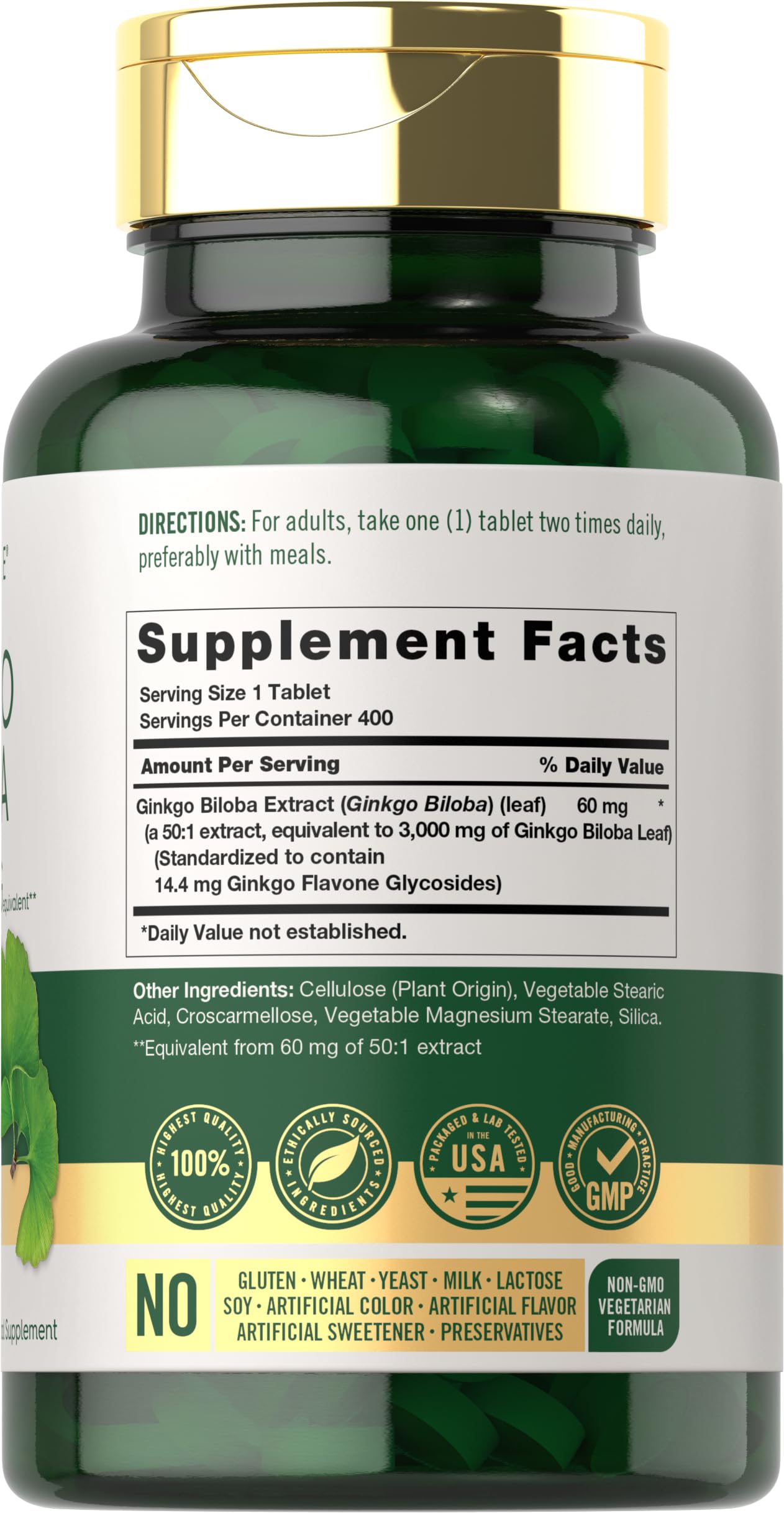 Carlyle Ginkgo Biloba 3000mg bottle label showing ingredients