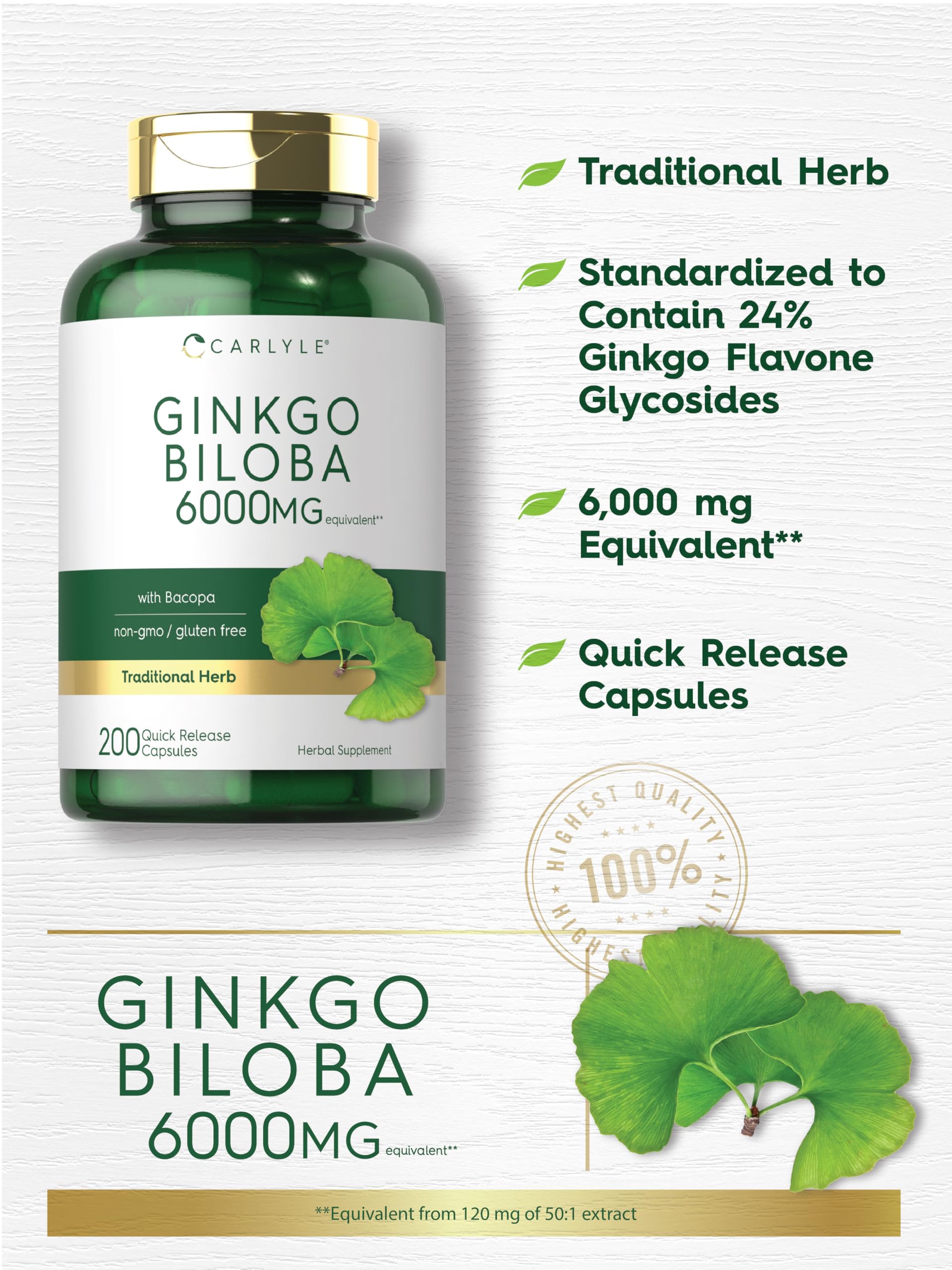 Carlyle Ginkgo Biloba capsules inside bottle for easy daily use