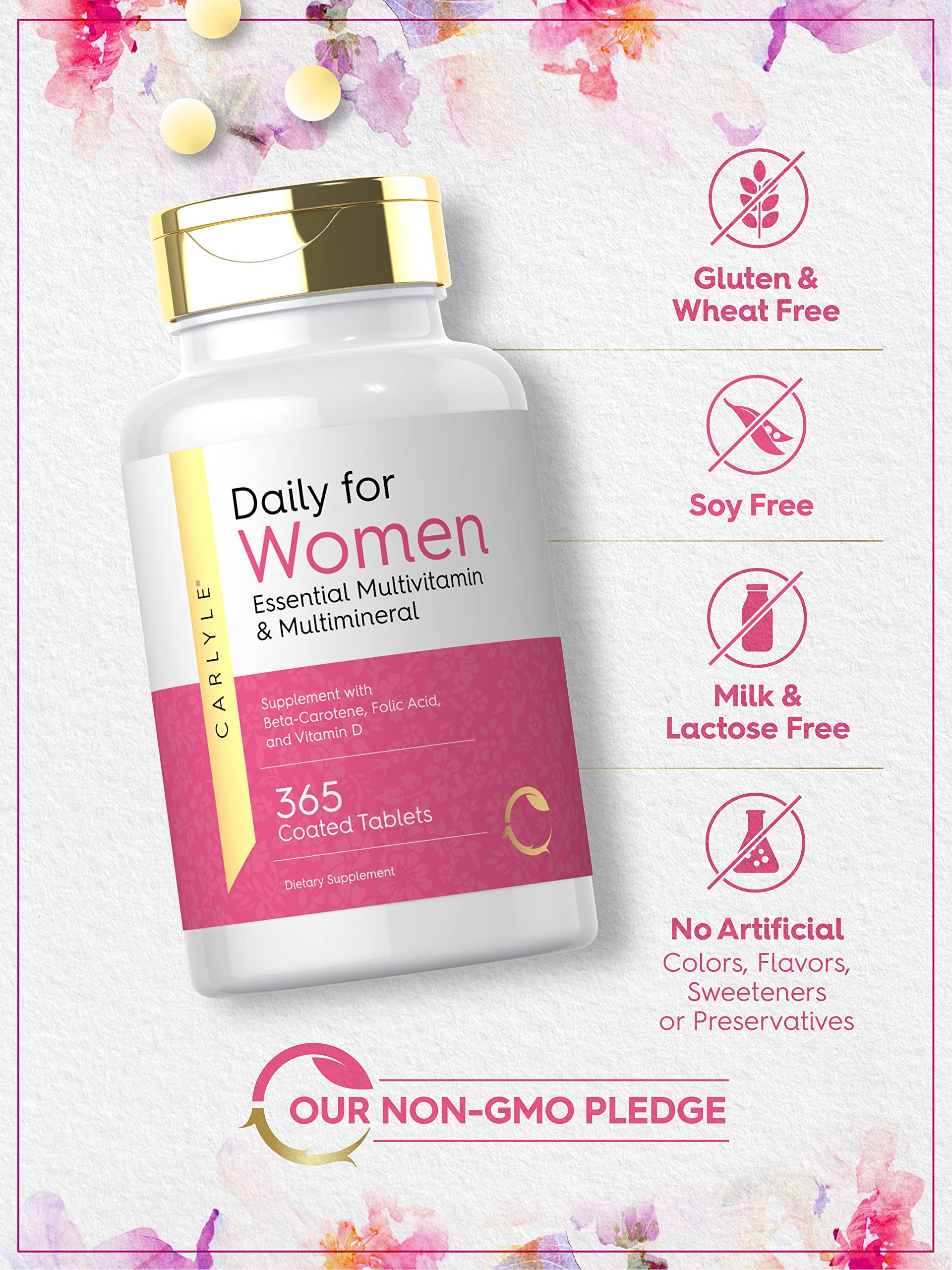 Carlyle gluten-free and non-GMO badge indicating allergen-conscious formulation.