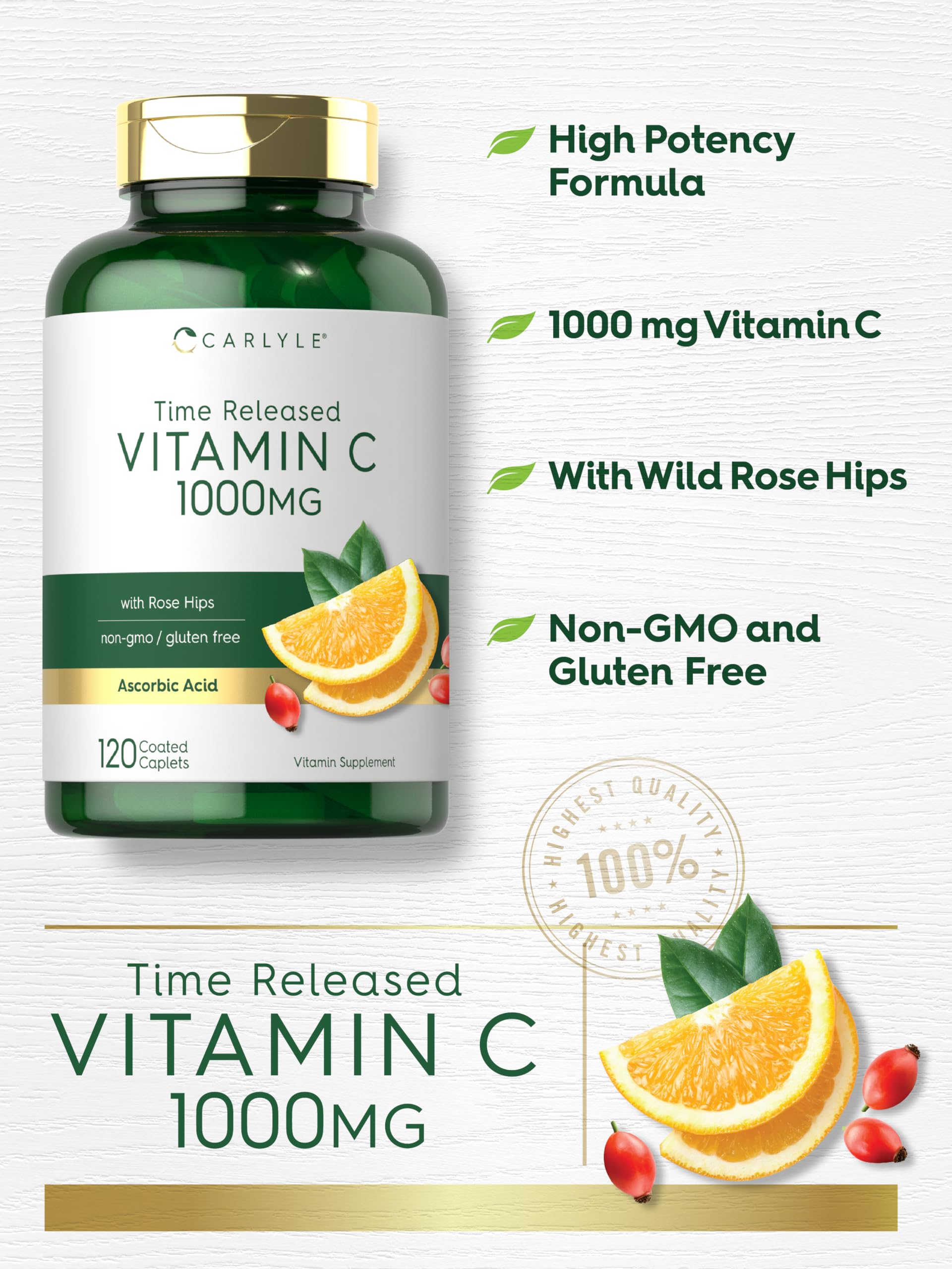 Gluten-free and non-GMO Carlyle label on Vitamin C bottle