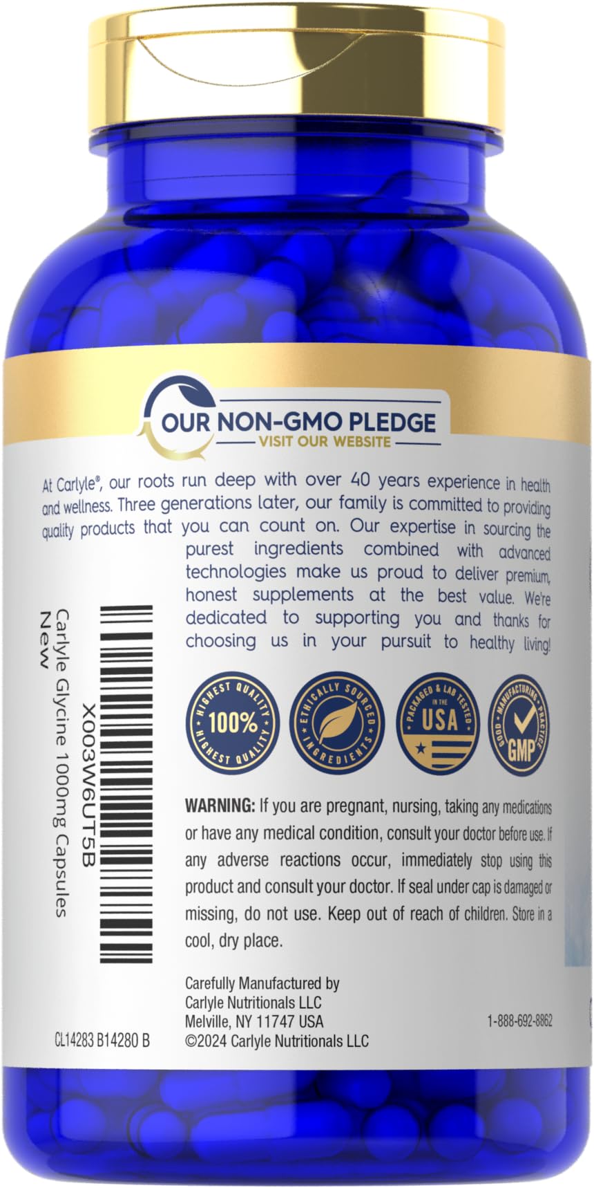 Carlyle Glycine 1000mg bottle back label with ingredient details