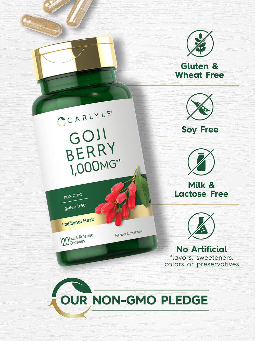 Carlyle Goji Berry 1000mg bottle back shows serving information.