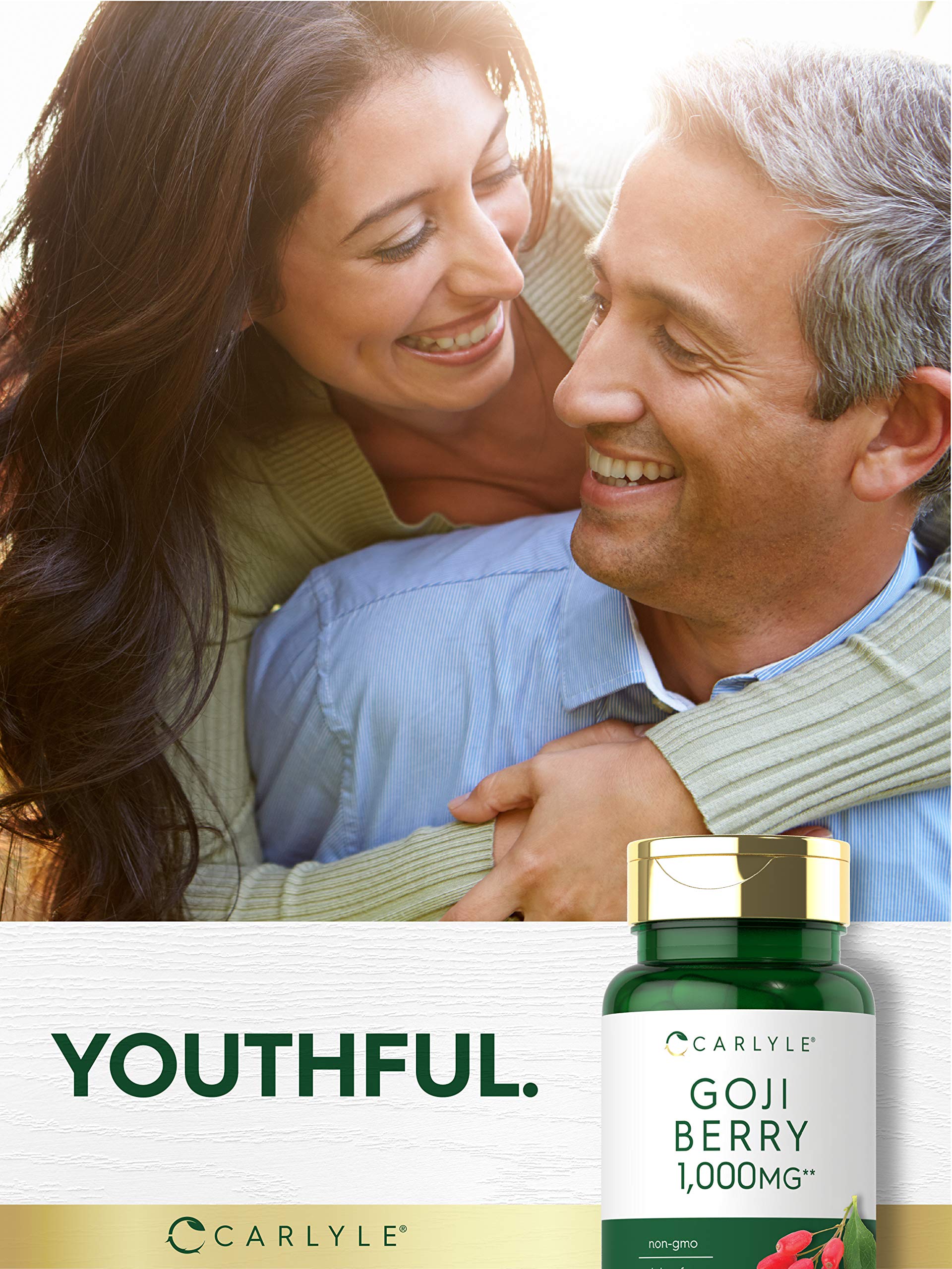 Carlyle Goji Berry 1000mg capsules being poured for daily intake.