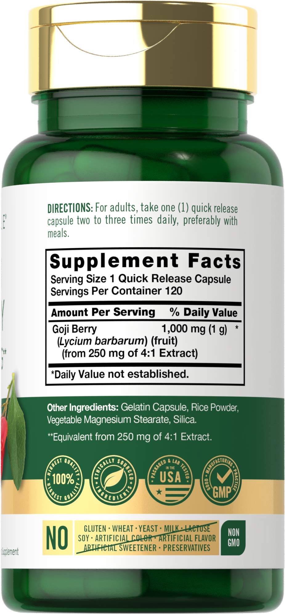 Carlyle Goji Berry 1000mg label highlights non-GMO and gluten-free.