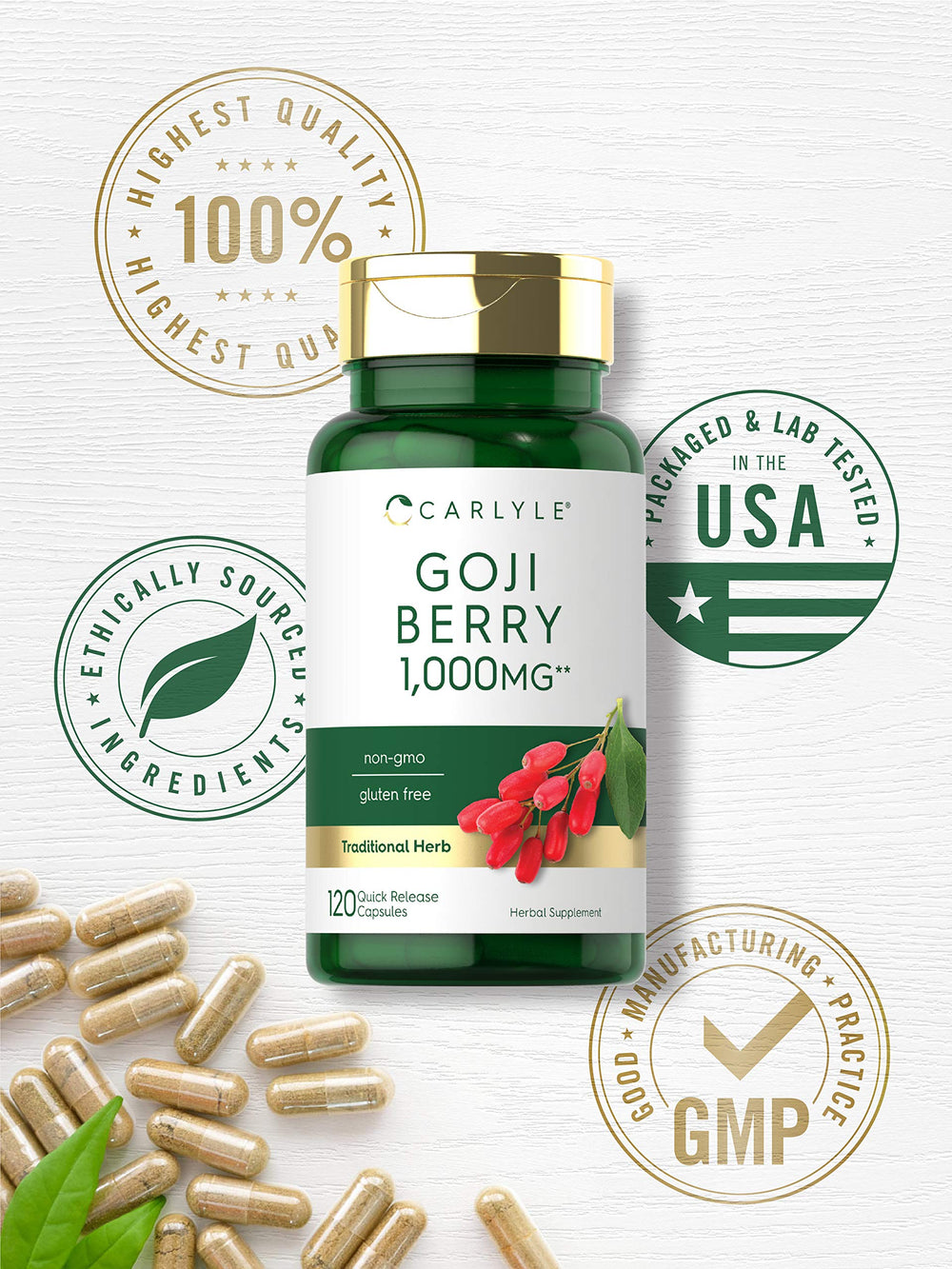 Carlyle Goji Berry 1000mg packaging box on display.