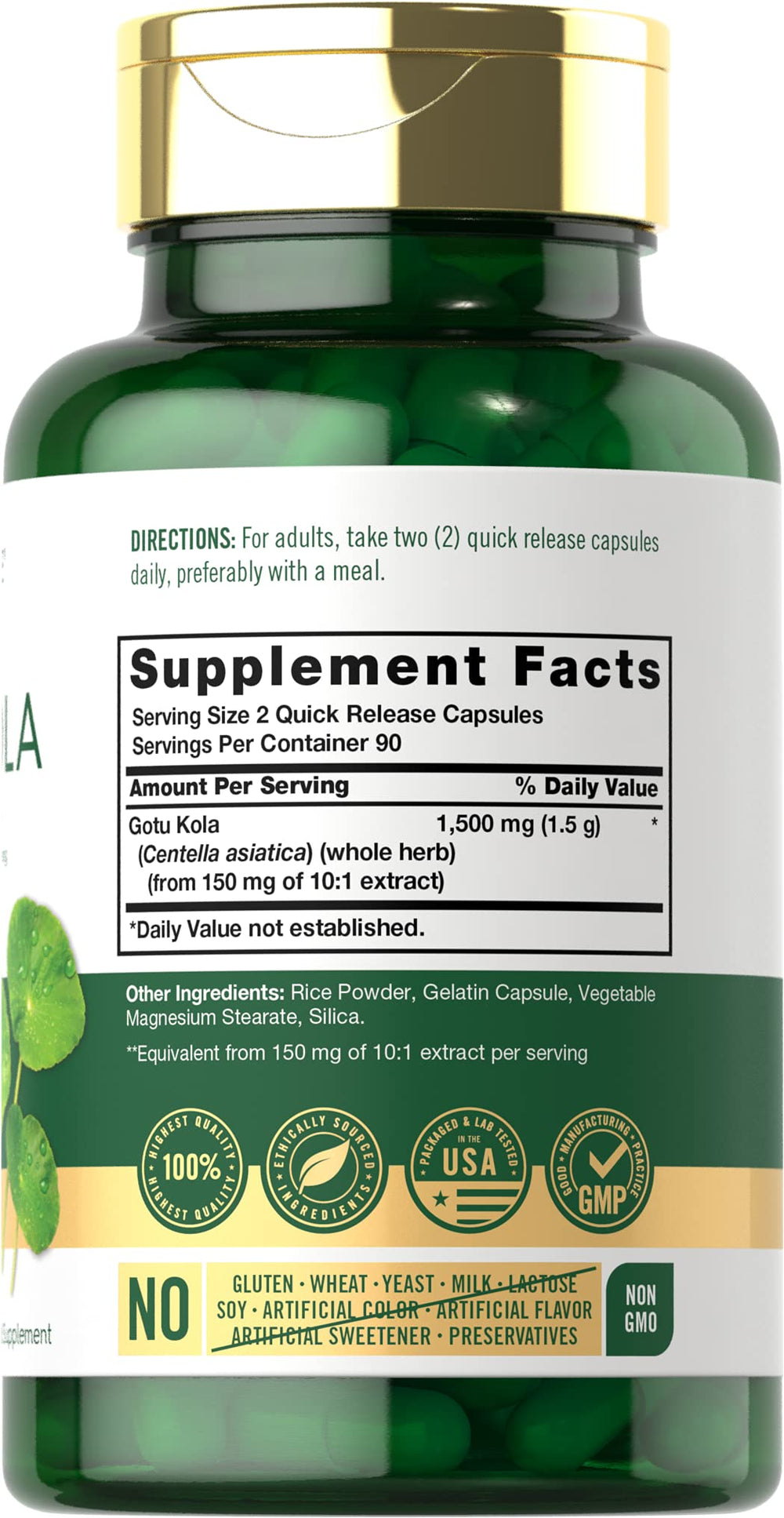 Carlyle Gotu Kola capsules bottle side label shows non-GMO gluten-free formula