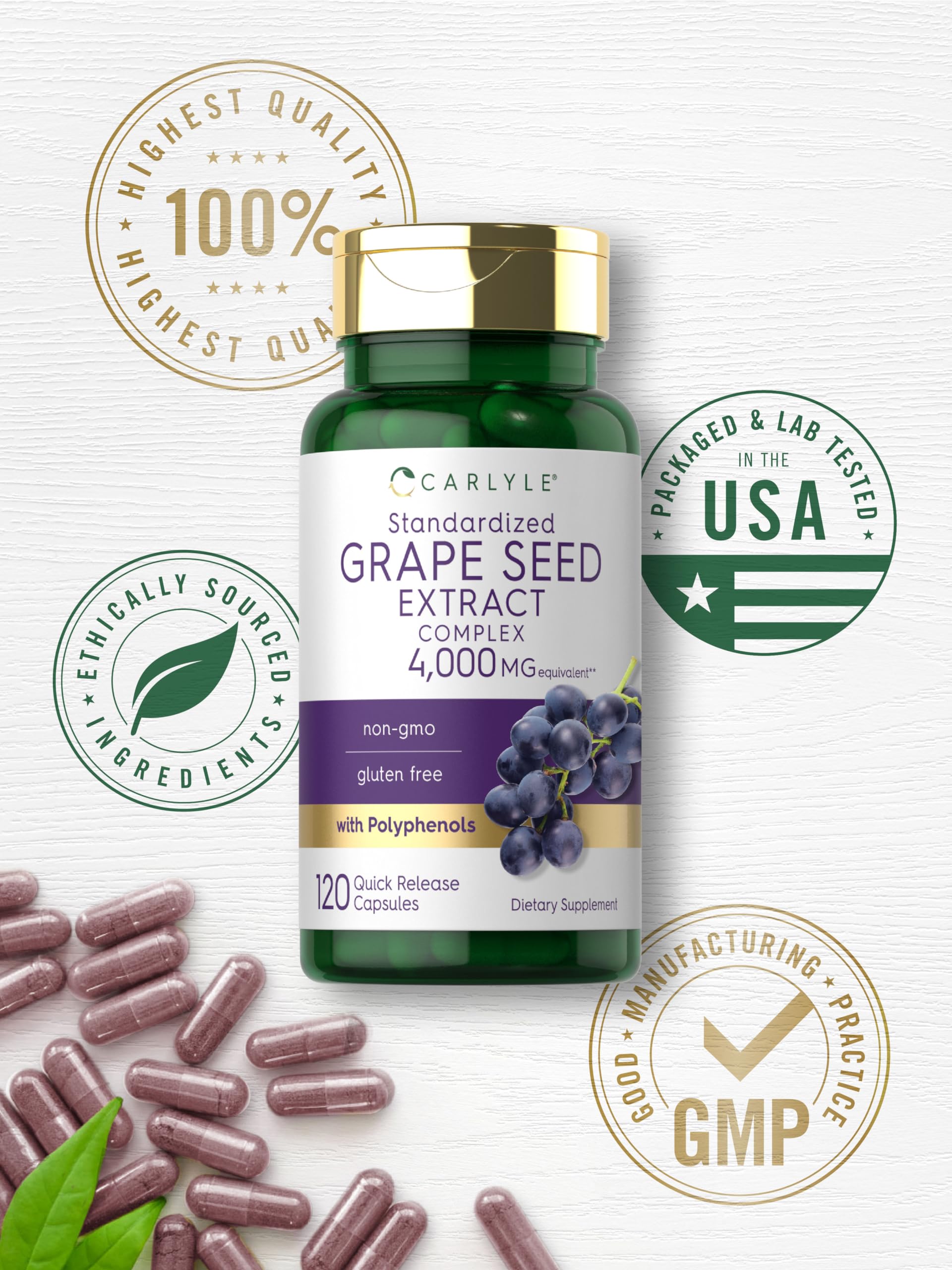 Product box showing gluten-free and allergen-free claims for Carlyle grape seed extract