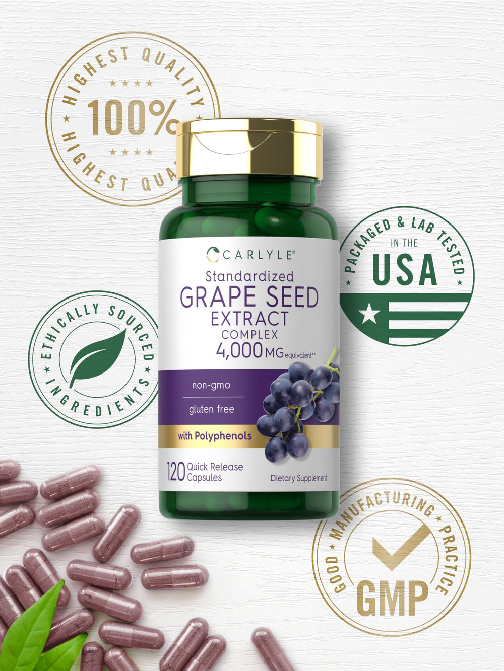 Product box showing gluten-free and allergen-free claims for Carlyle grape seed extract